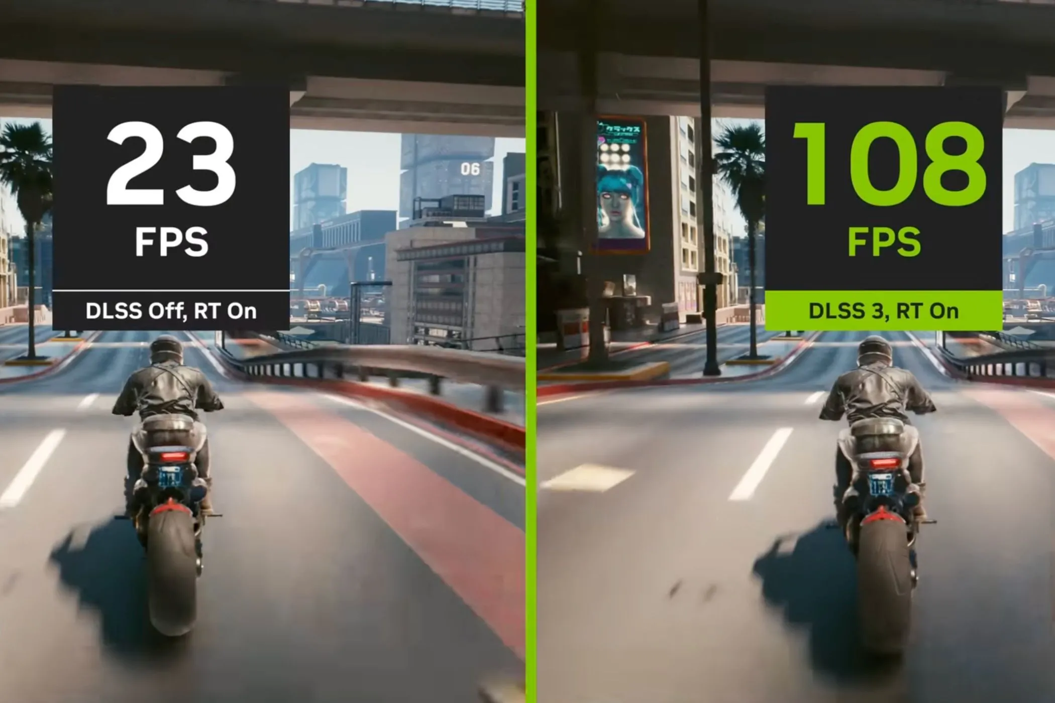 So sánh trực quan game Cyberpunk 2077 với và không có công nghệ DLSS, thể hiện sự cải thiện chất lượng hình ảnh và giảm lỗi của upscaling