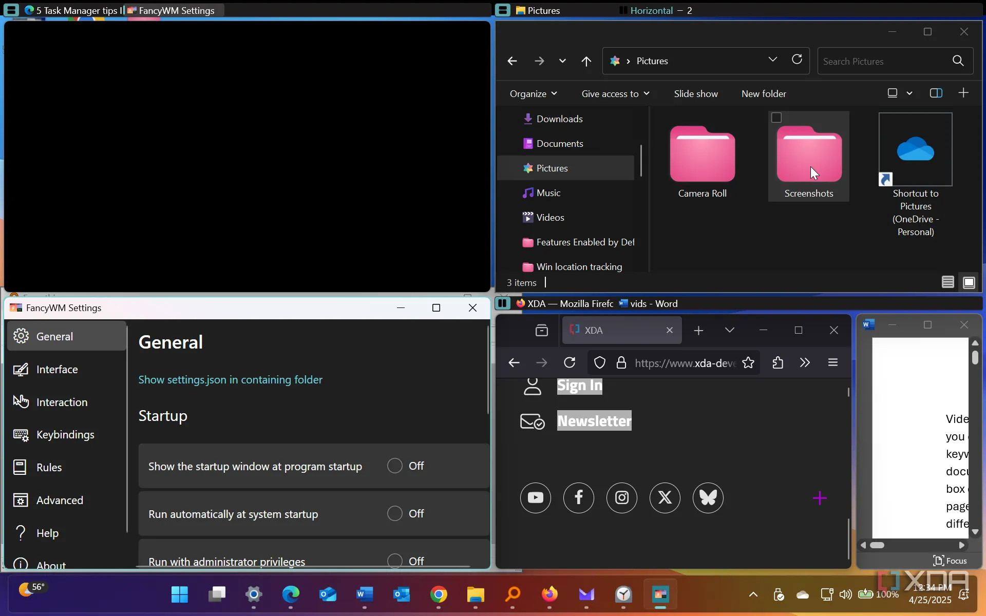 Sử dụng phần mềm FancyWM, một Tiling Window Manager, với cửa sổ cài đặt đang mở