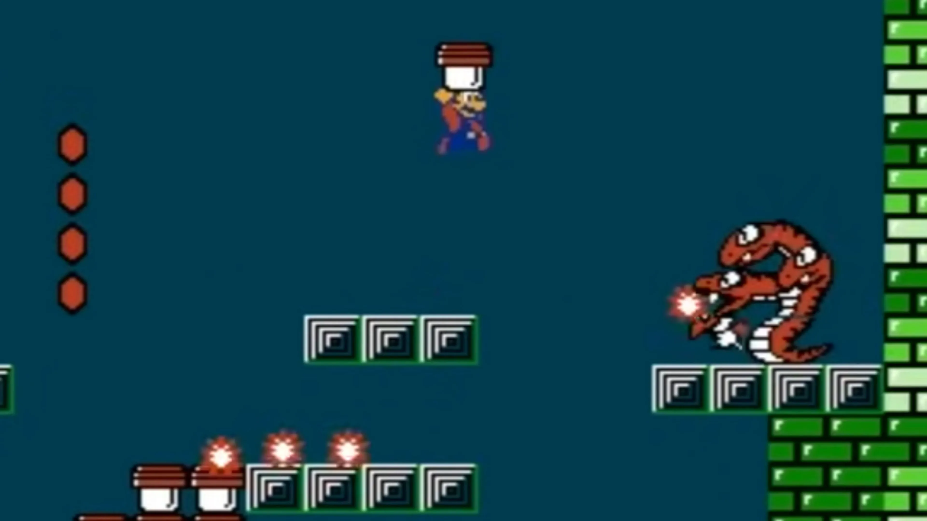 Super Mario đang nhảy trên một cây nấm lớn màu xanh lá trong Super Mario Bros. The Lost Levels