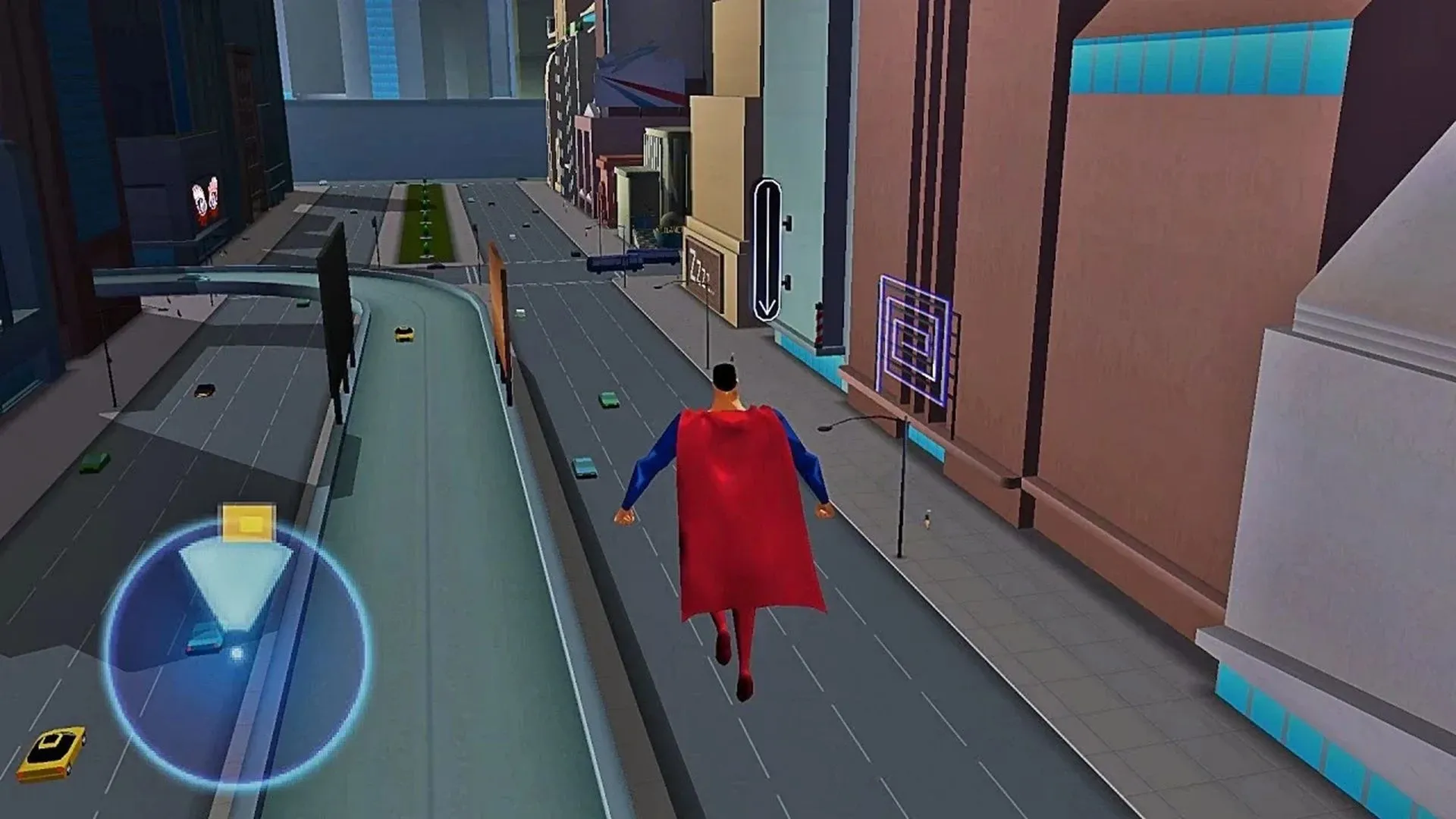 Superman bay lượn trên thành phố Metropolis trong game Superman: Shadow of Apokolips, chiến đấu chống lại kẻ thù.