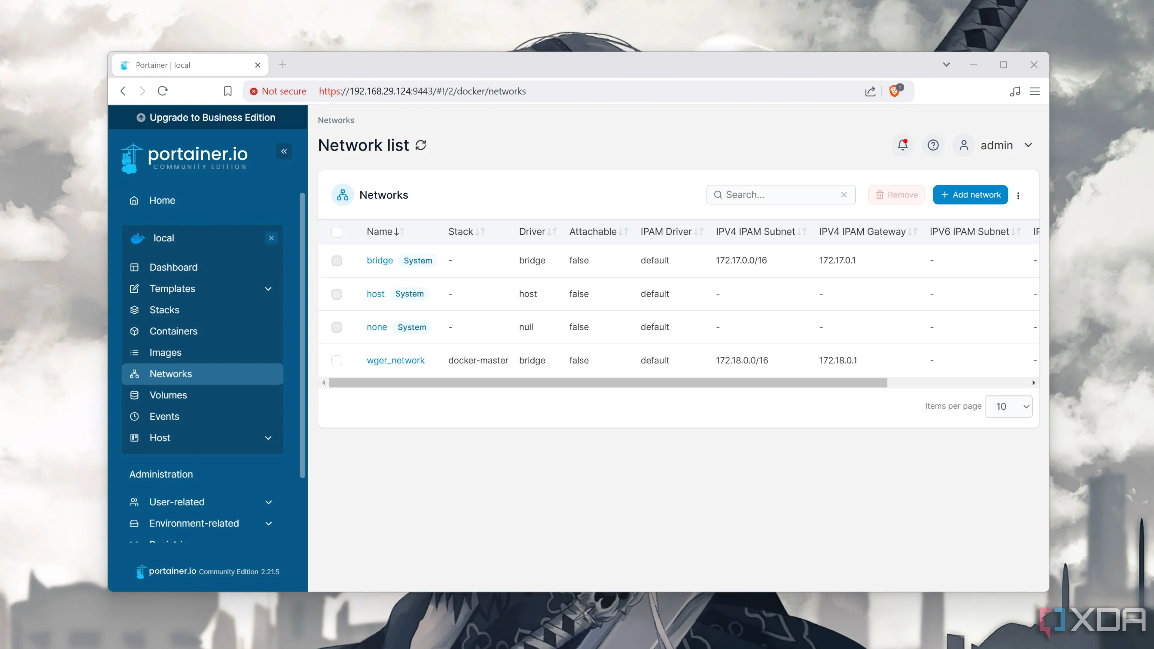 Tab Mạng (Network) trong giao diện Portainer hiển thị các cấu hình mạng Docker