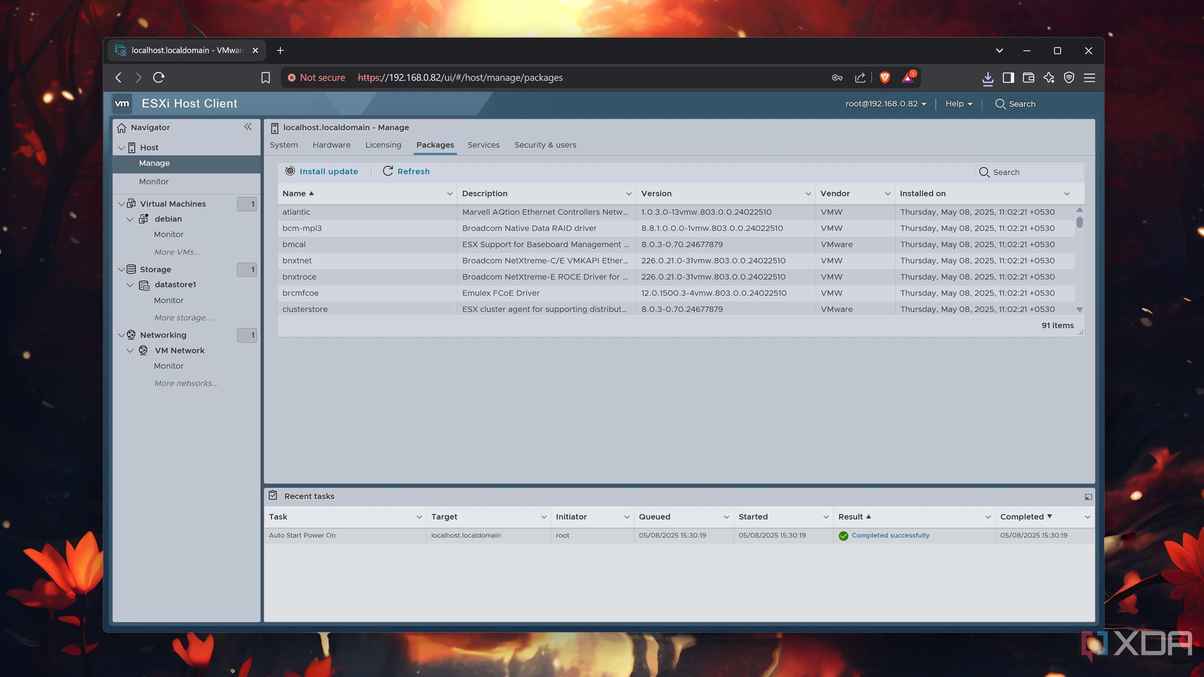 Tab 'Packages' hiển thị các gói phần mềm cài đặt trong giao diện VMware ESXi
