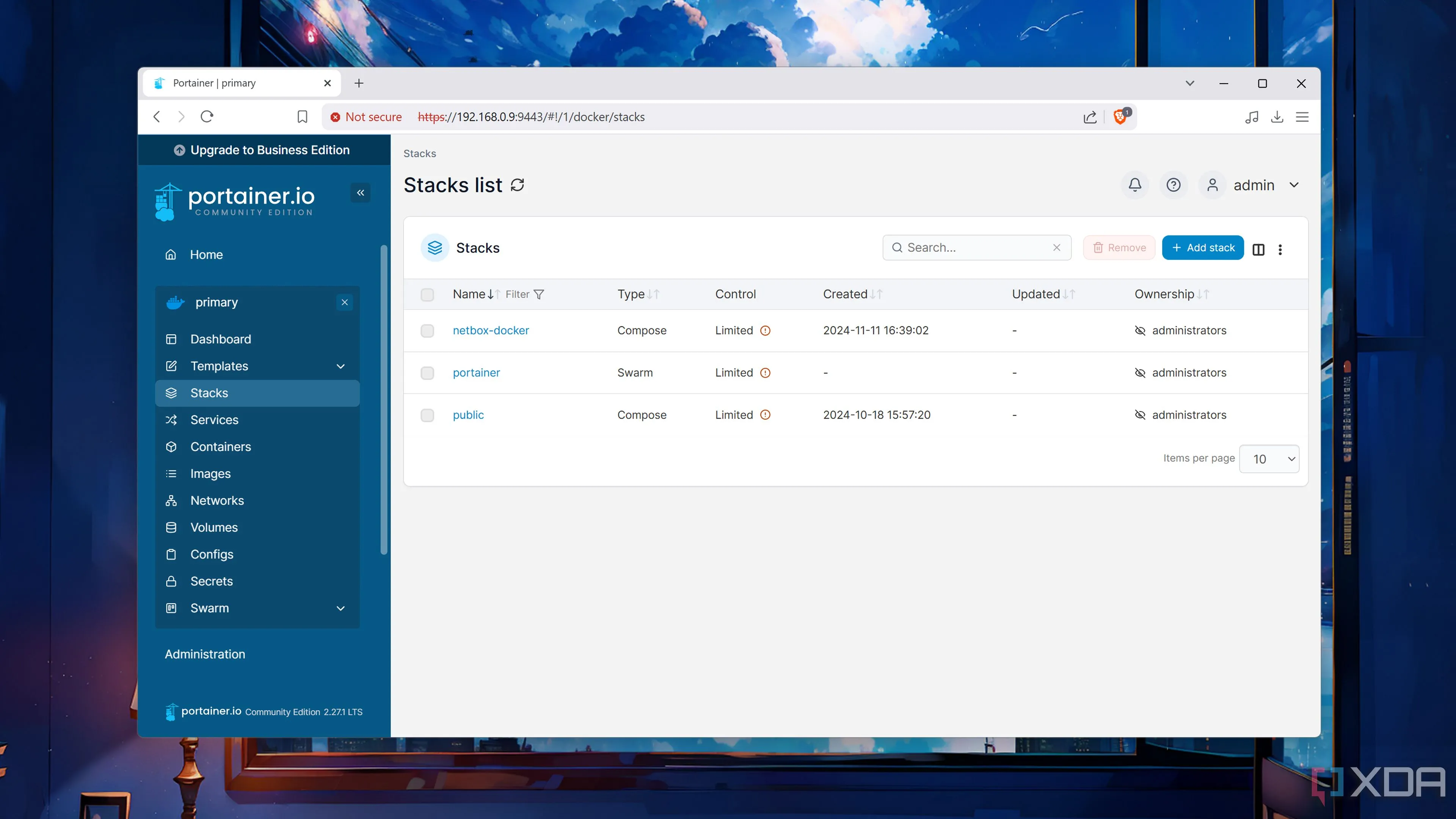 Tab Stacks trong giao diện Portainer quản lý các dịch vụ Docker Swarm
