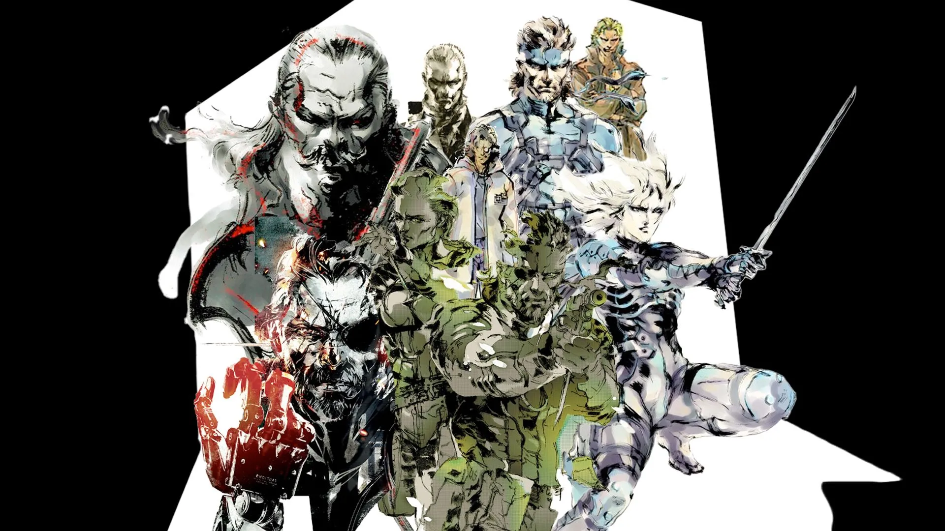 Tác phẩm nghệ thuật tổng hợp từ Metal Gear Solid của Yoji Shinkawa, với các nhân vật biểu tượng như Big Boss, Solid Snake, Raiden và Venom Snake, minh họa sự đa dạng của series.