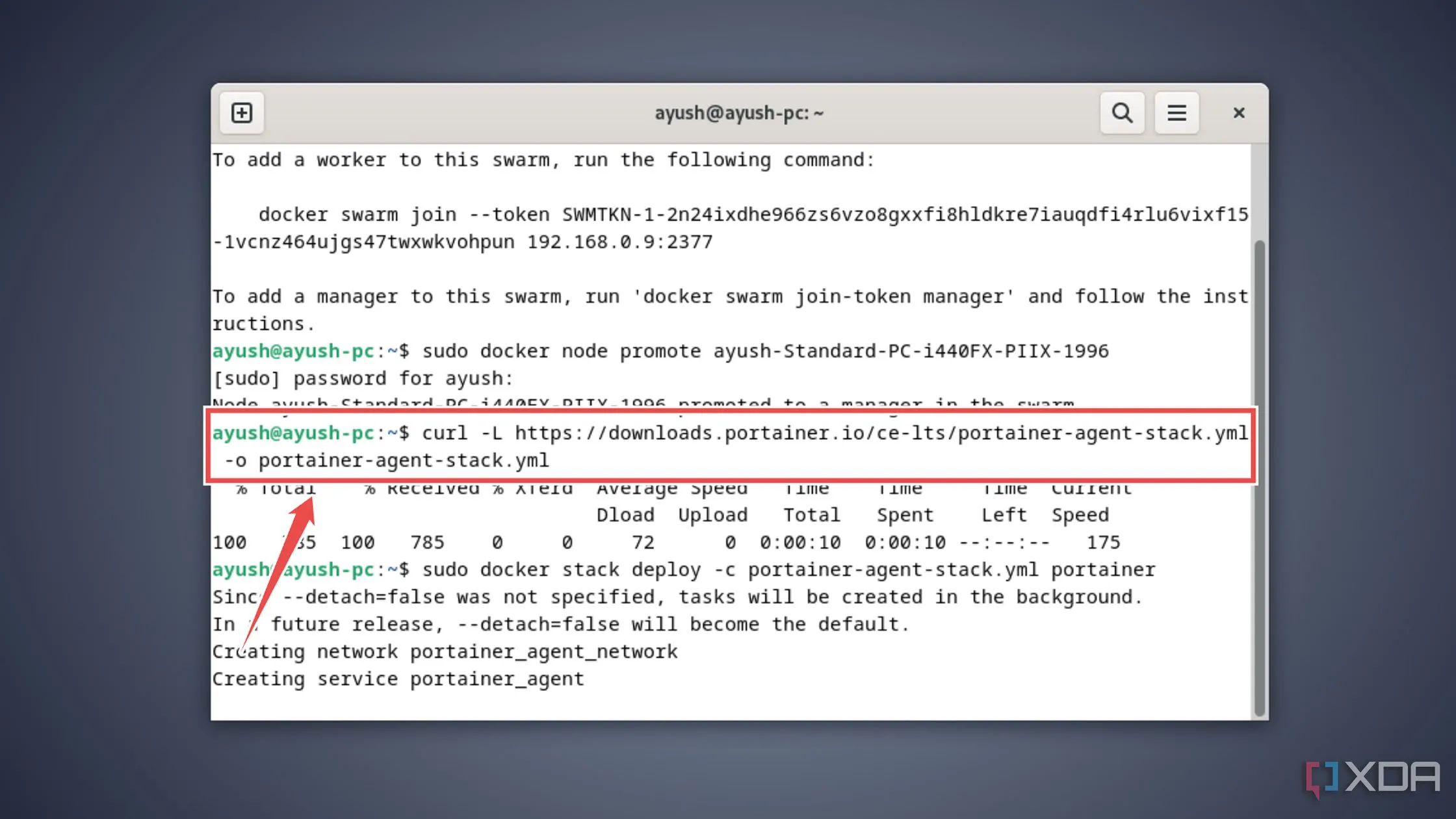 Tải file cấu hình Portainer bằng lệnh curl trên node Docker Swarm manager