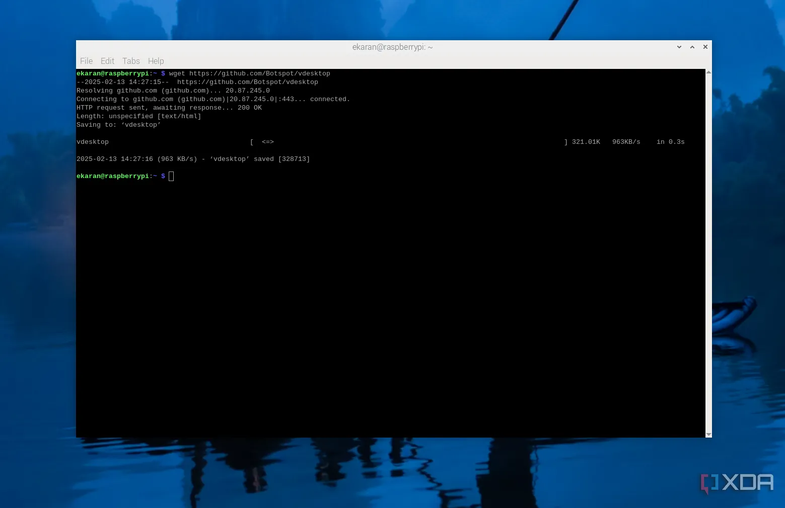Tải xuống ứng dụng Vdesktop từ GitHub về Raspberry Pi bằng lệnh wget trong cửa sổ terminal