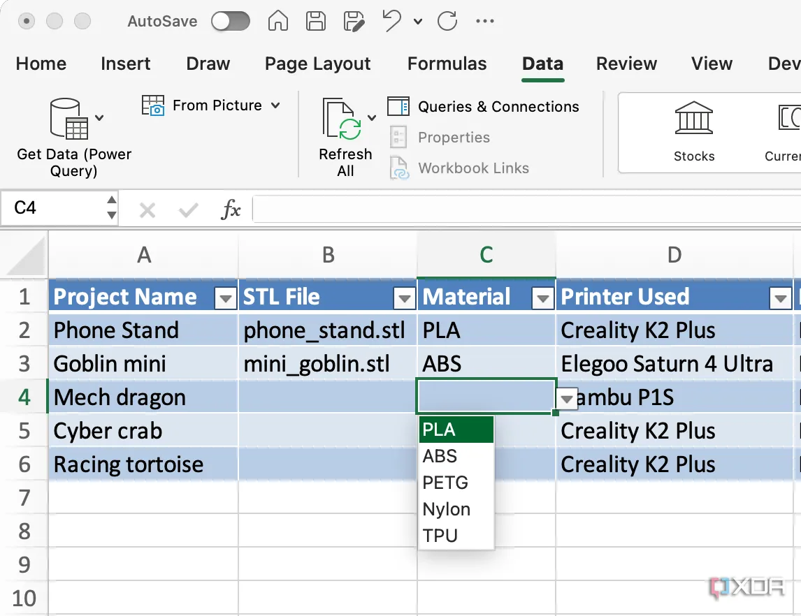 Tạo danh sách thả xuống trong Excel để quản lý vật liệu in 3D