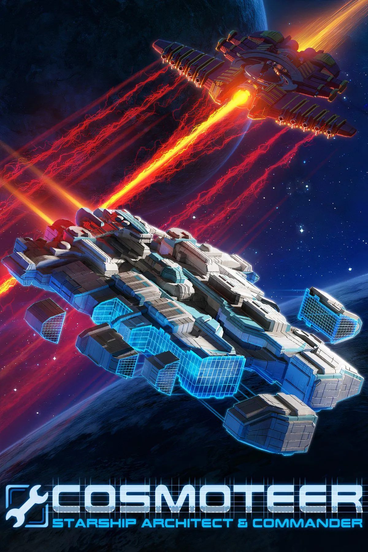 Tàu vũ trụ tùy chỉnh trong Cosmoteer: Starship Architect &amp; Commander đang chiến đấu trong không gian.