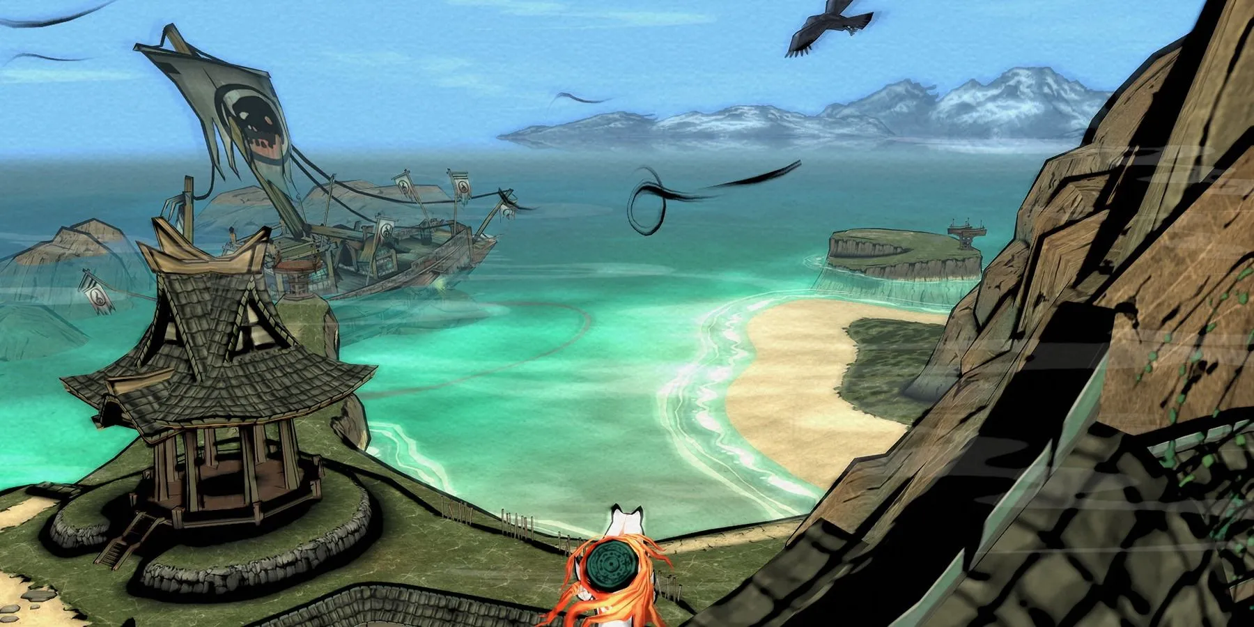 Thần Amaterasu nhìn ra biển cả rộng lớn trong một cảnh game Okami