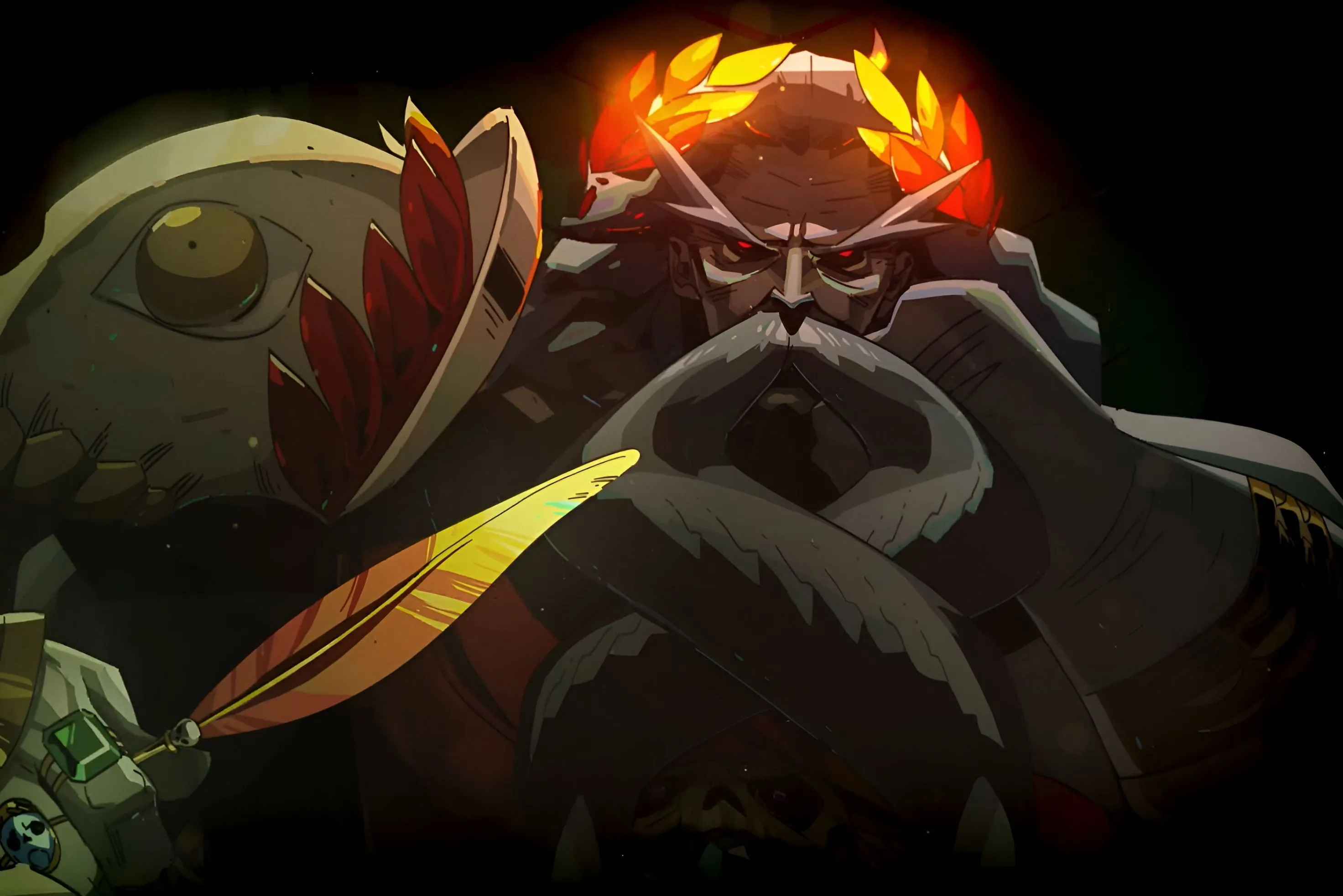 Thần Hades với cây bút lông vàng, sẵn sàng chặn đường Zagreus thoát khỏi Địa ngục trong tựa game Hades.