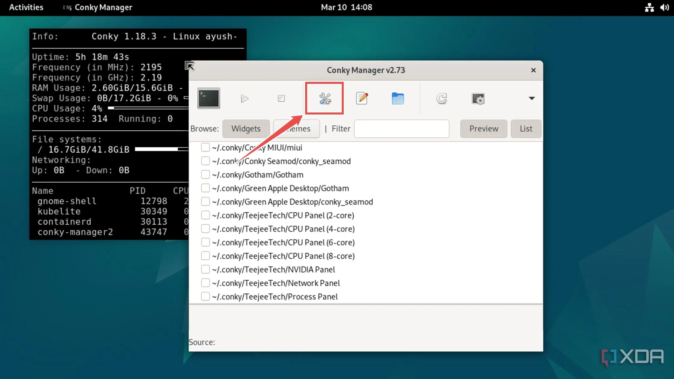 Thanh công cụ chỉnh sửa widget Conky, cho phép điều chỉnh kích thước và vị trí