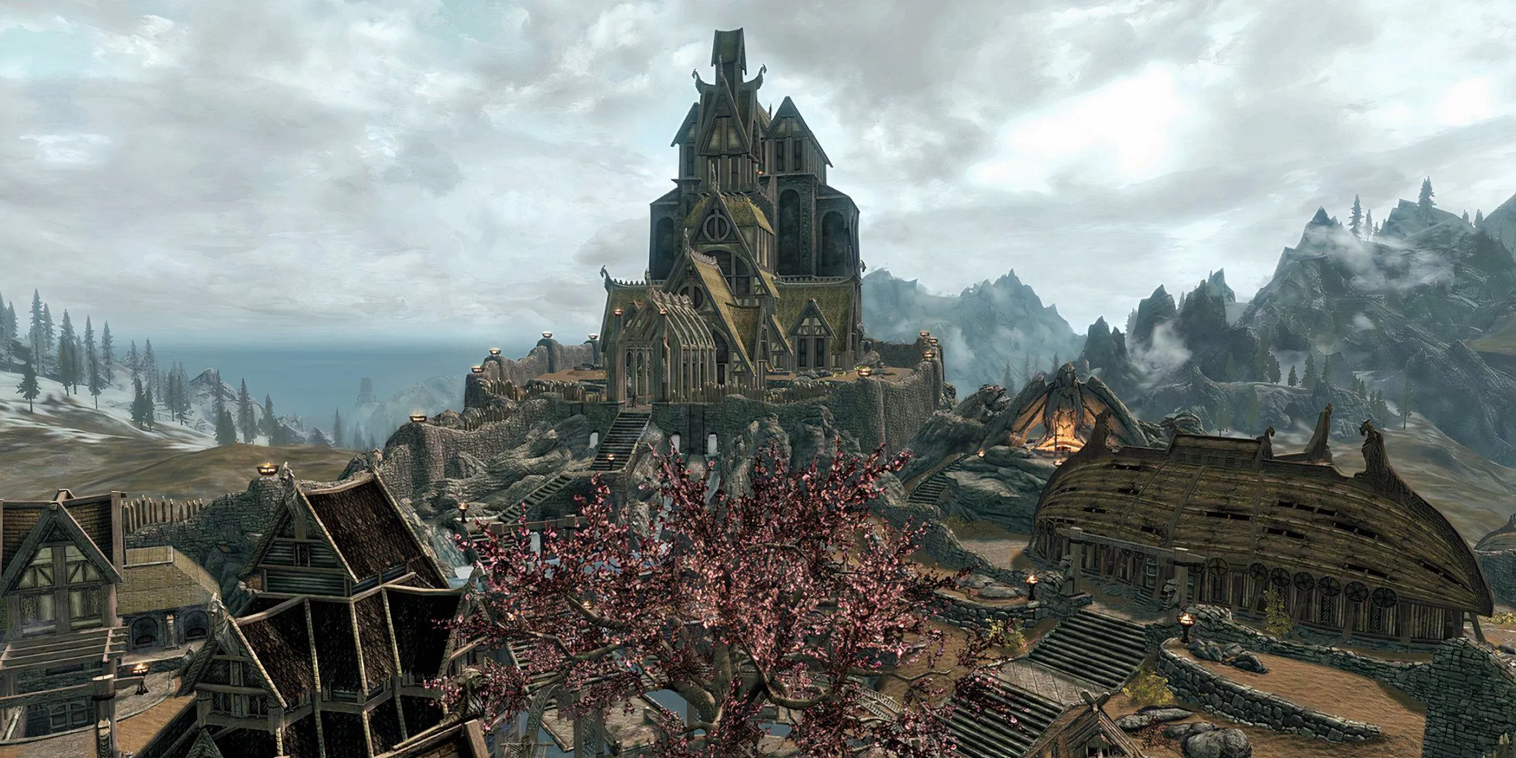 Thành phố Whiterun với kiến trúc Viking đặc trưng trong The Elder Scrolls V: Skyrim