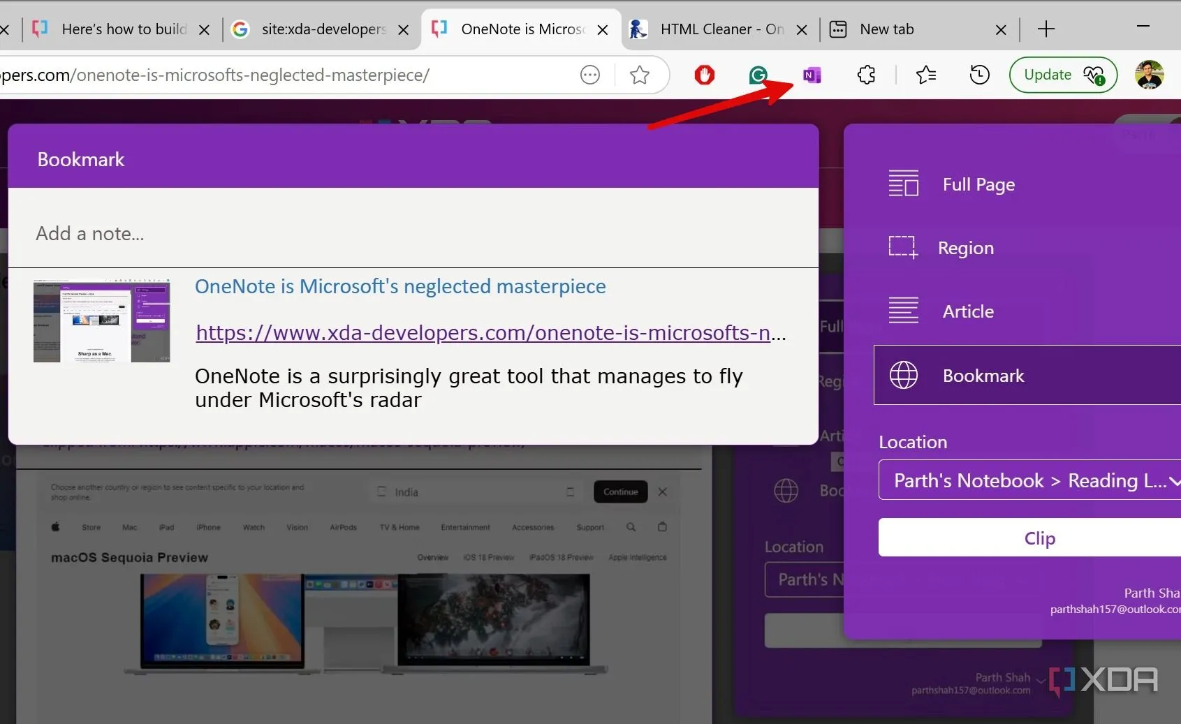 Thao tác cắt và lưu một trang web bằng OneNote Web Clipper