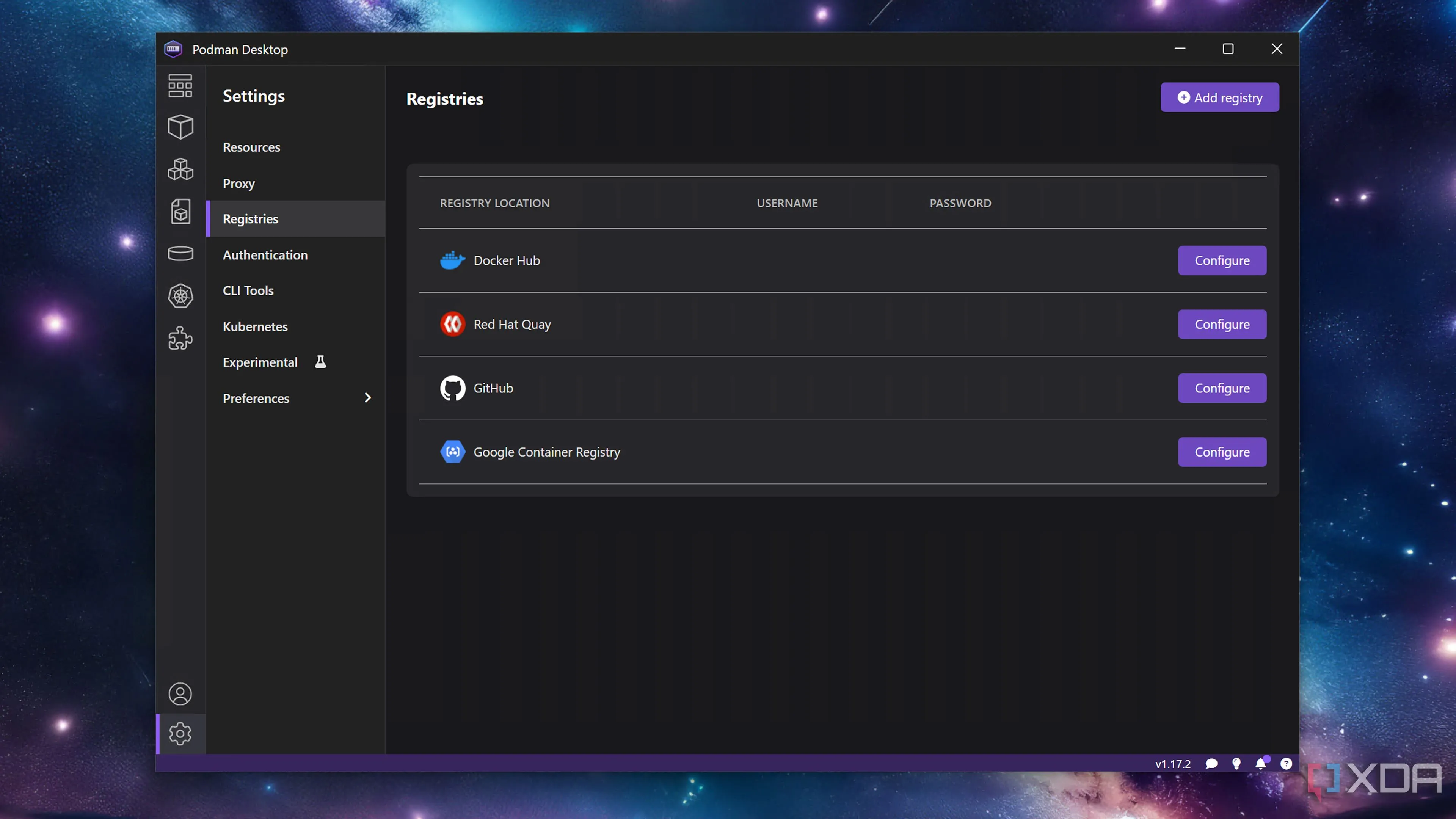 Thẻ Registries trong Podman Desktop