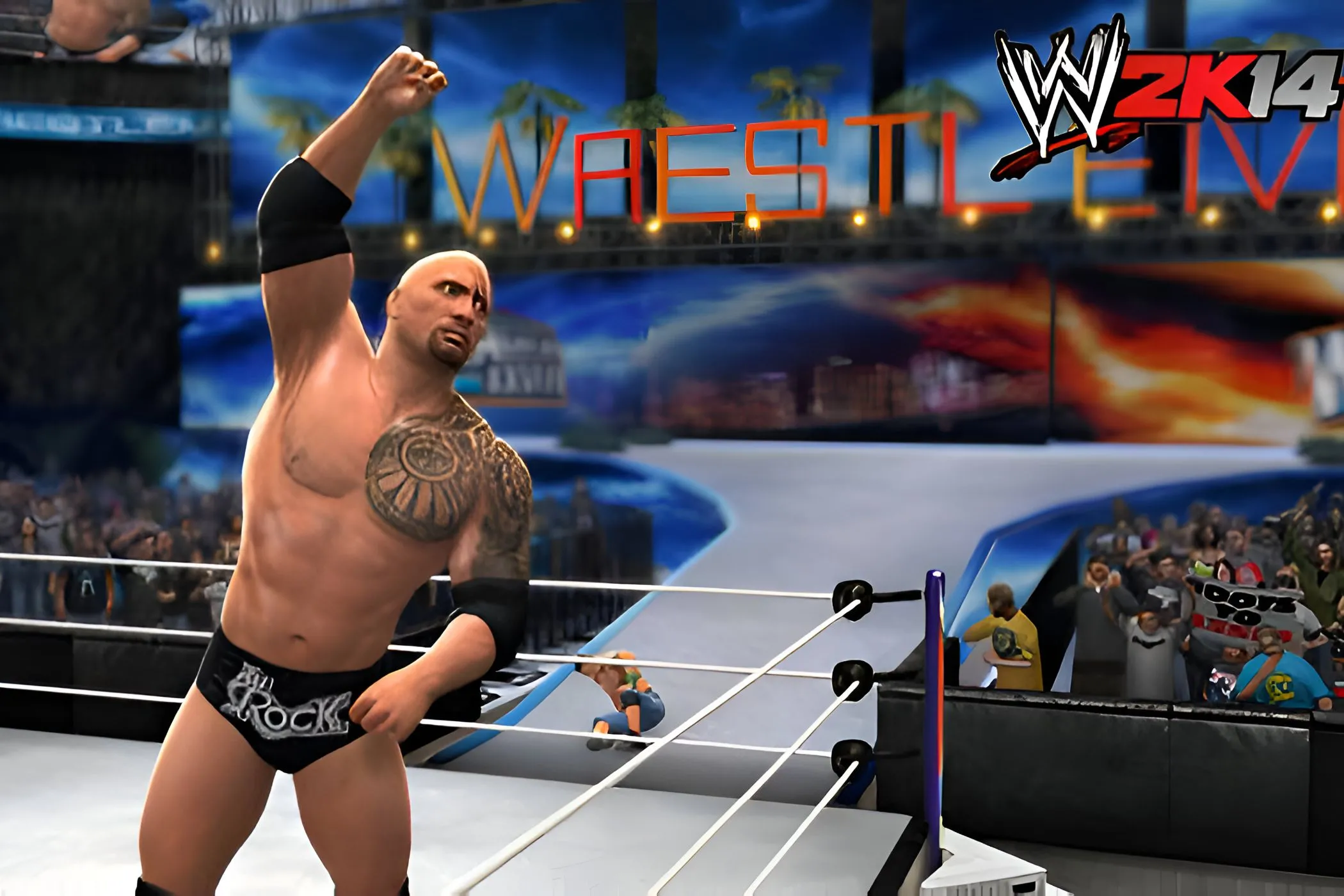 The Rock trong WWE 2K14 giơ tay chào khán giả, minh họa cho chế độ 30 Years of Wrestlemania và sự hoài niệm mà game mang lại.