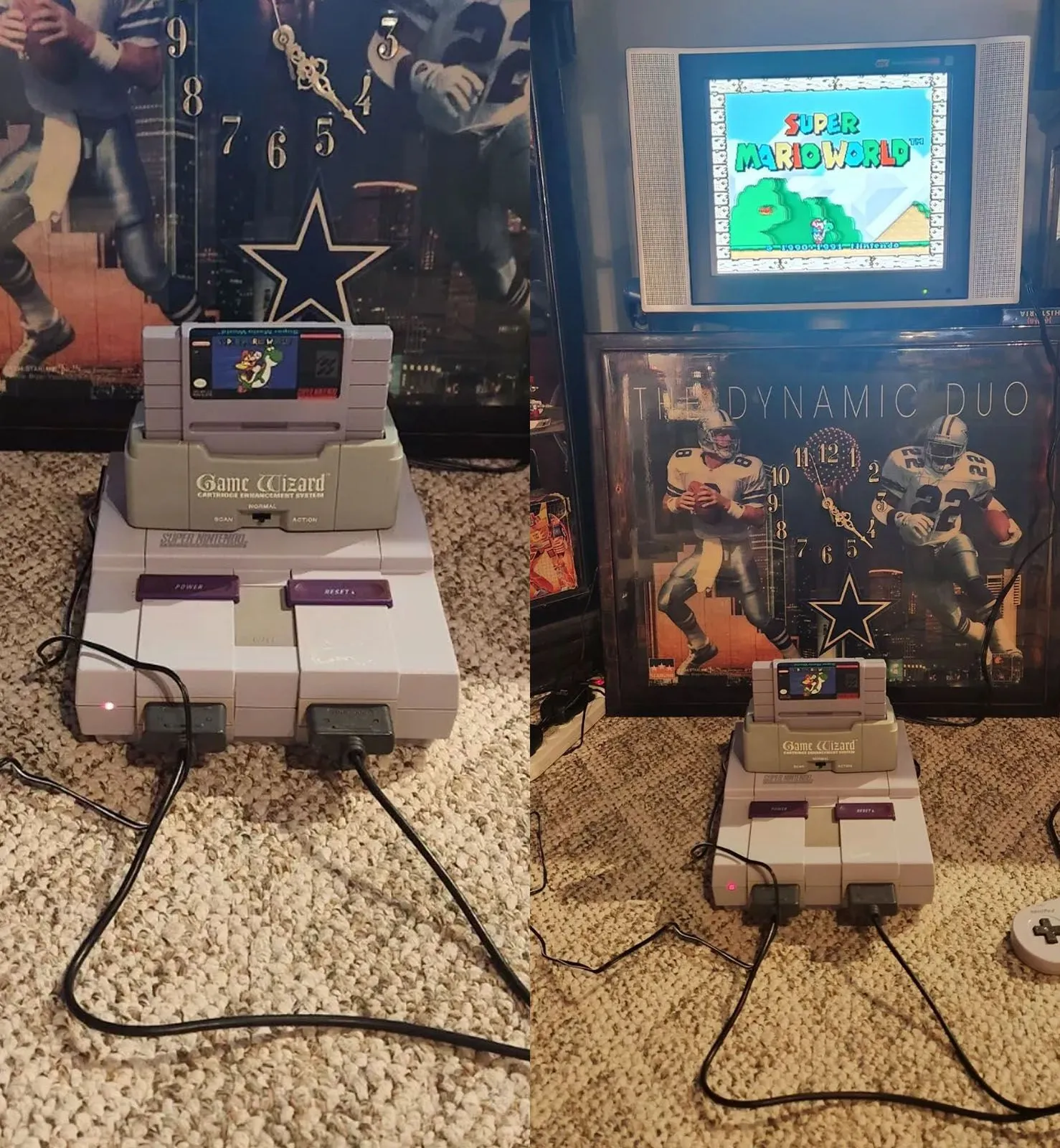 Thiết bị Game Wizard gắn vào máy SNES kết nối với TV