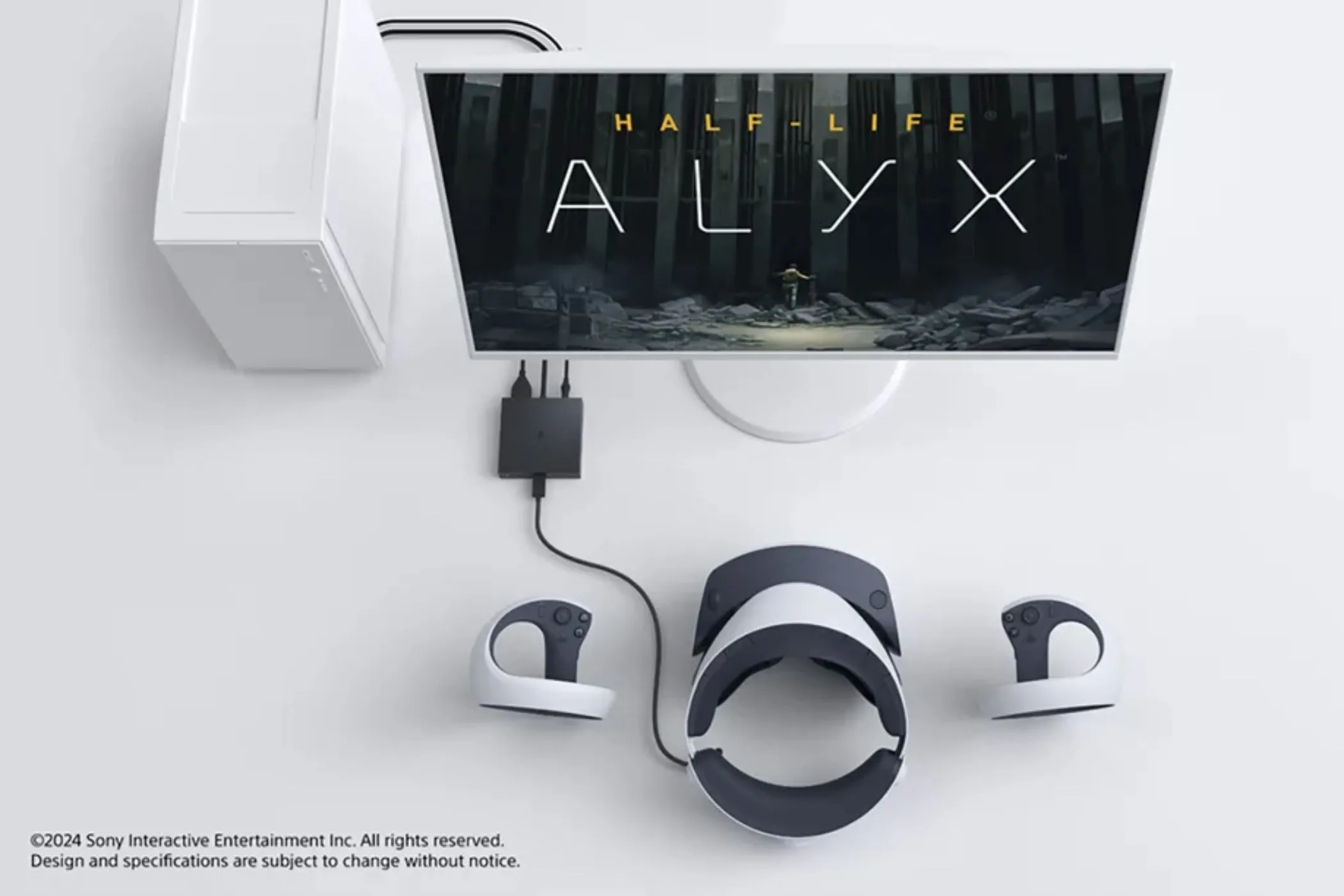 Thiết bị PlayStation VR2 PC adapter kết nối PC, minh họa trải nghiệm Half-Life: Alyx với công nghệ VR