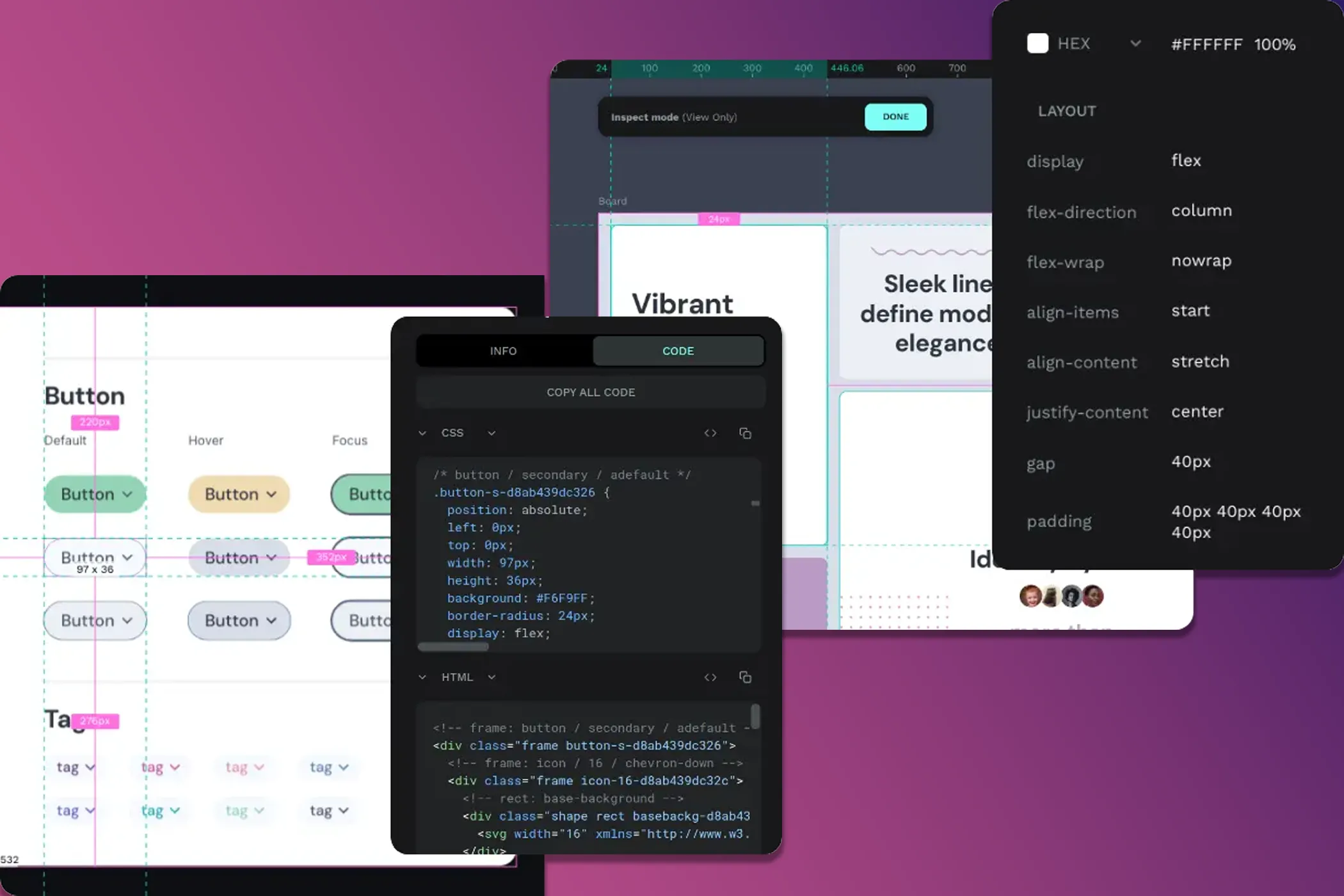 Thiết kế trên Penpot với mã HTML và CSS tự động đính kèm, minh họa quy trình handoff liền mạch