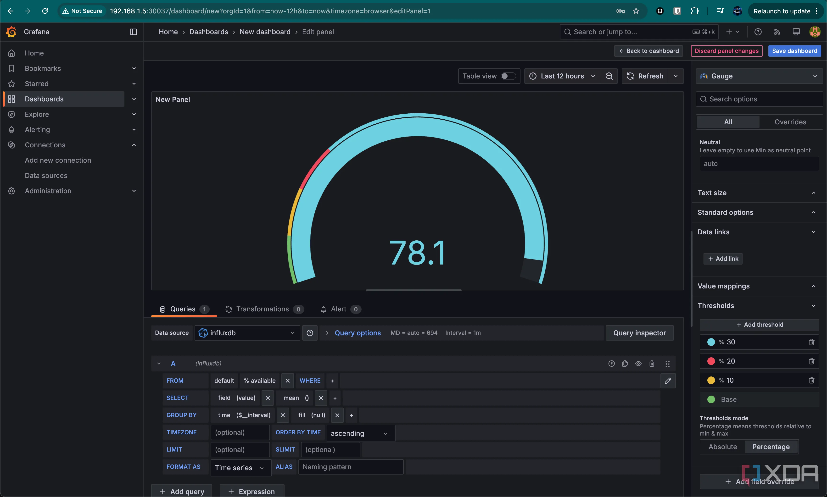 Thiết lập và tùy chỉnh biểu đồ dạng đồng hồ (Gauge) trong Grafana với các ngưỡng màu