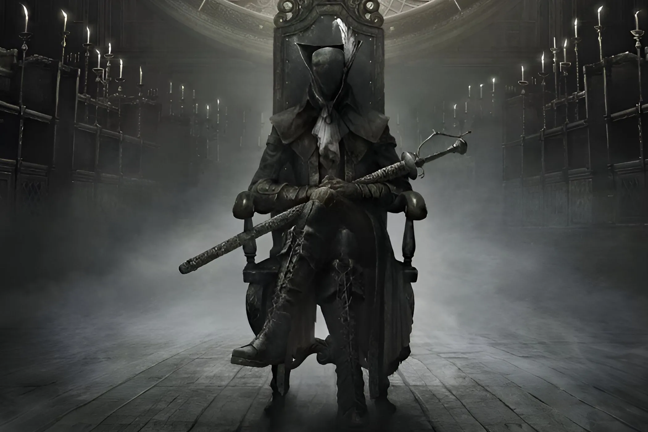 Thợ săn bí ẩn với chiếc kiếm dài trong DLC The Old Hunters của Bloodborne, thể hiện sự kinh dị của Hunter's Nightmare
