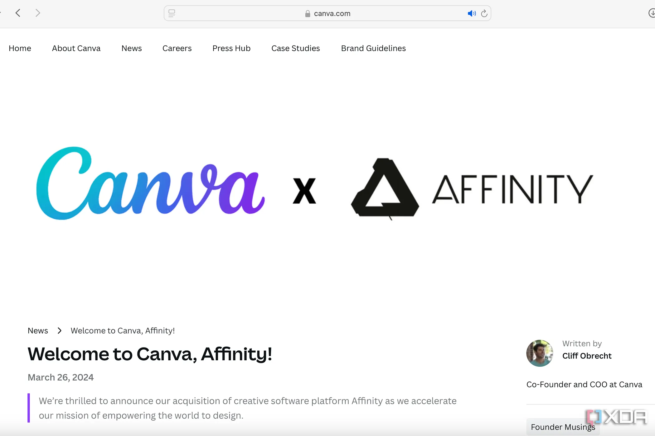 Thông báo sáp nhập giữa Canva và Affinity, hiển thị logo của hai thương hiệu.