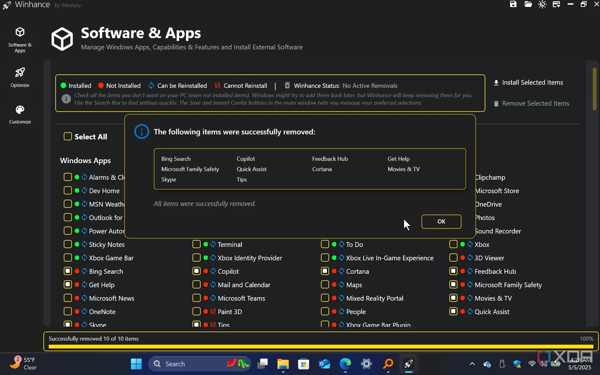 Thông báo thành công khi gỡ bỏ ứng dụng và tính năng Windows bằng Winhance