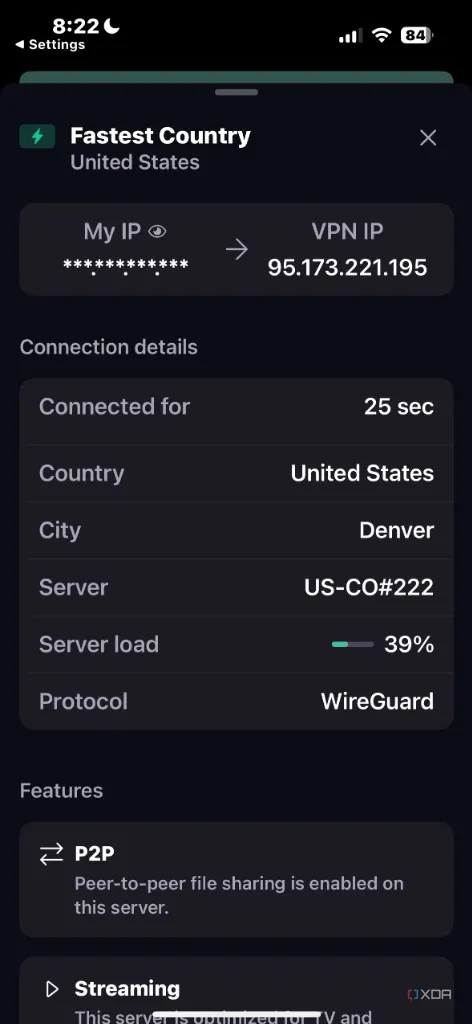 Thống kê kết nối của Proton VPN, cung cấp thông tin chi tiết về phiên VPN