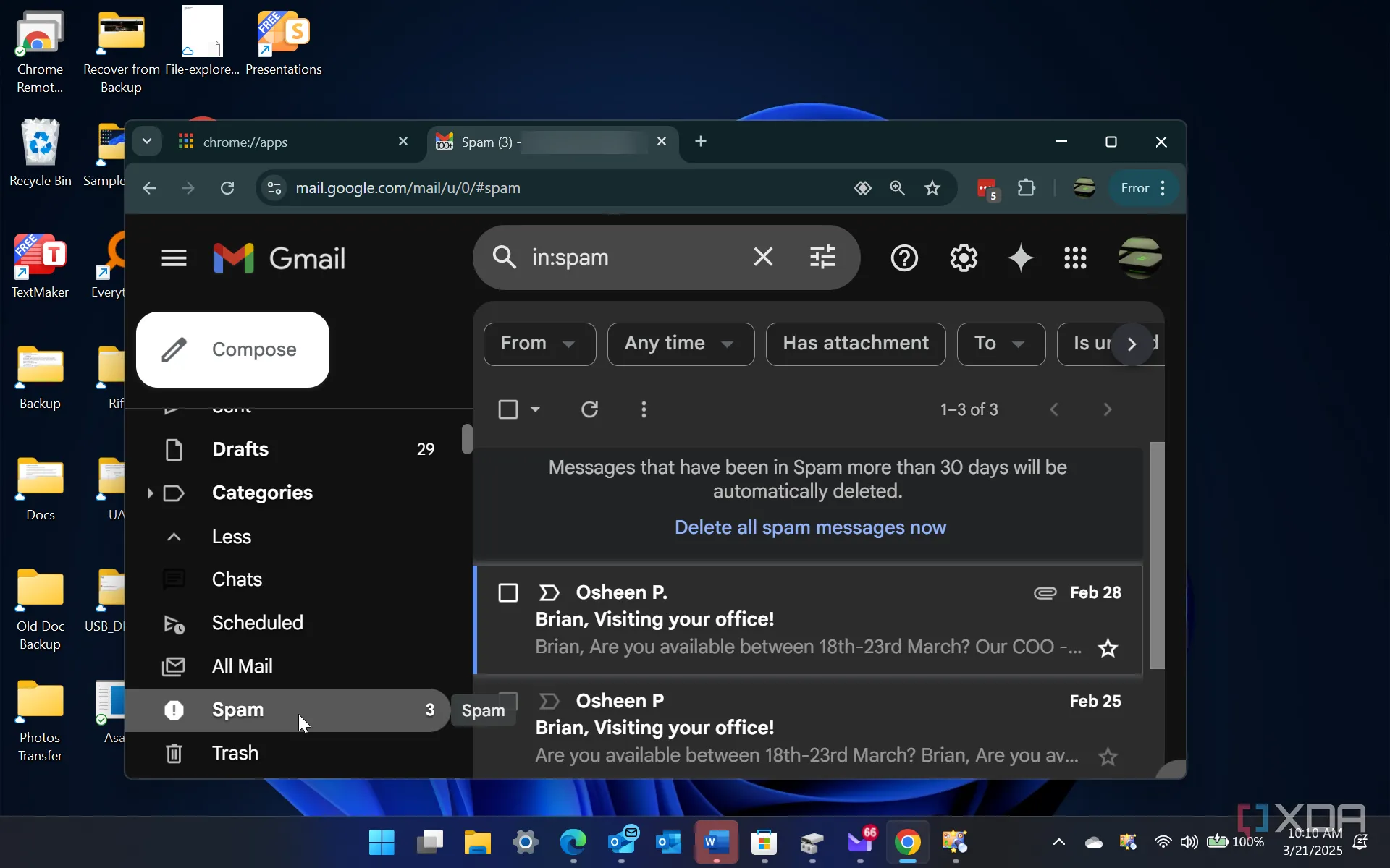 Thư mục Spam trong Gmail trên Google Chrome chạy Windows 11