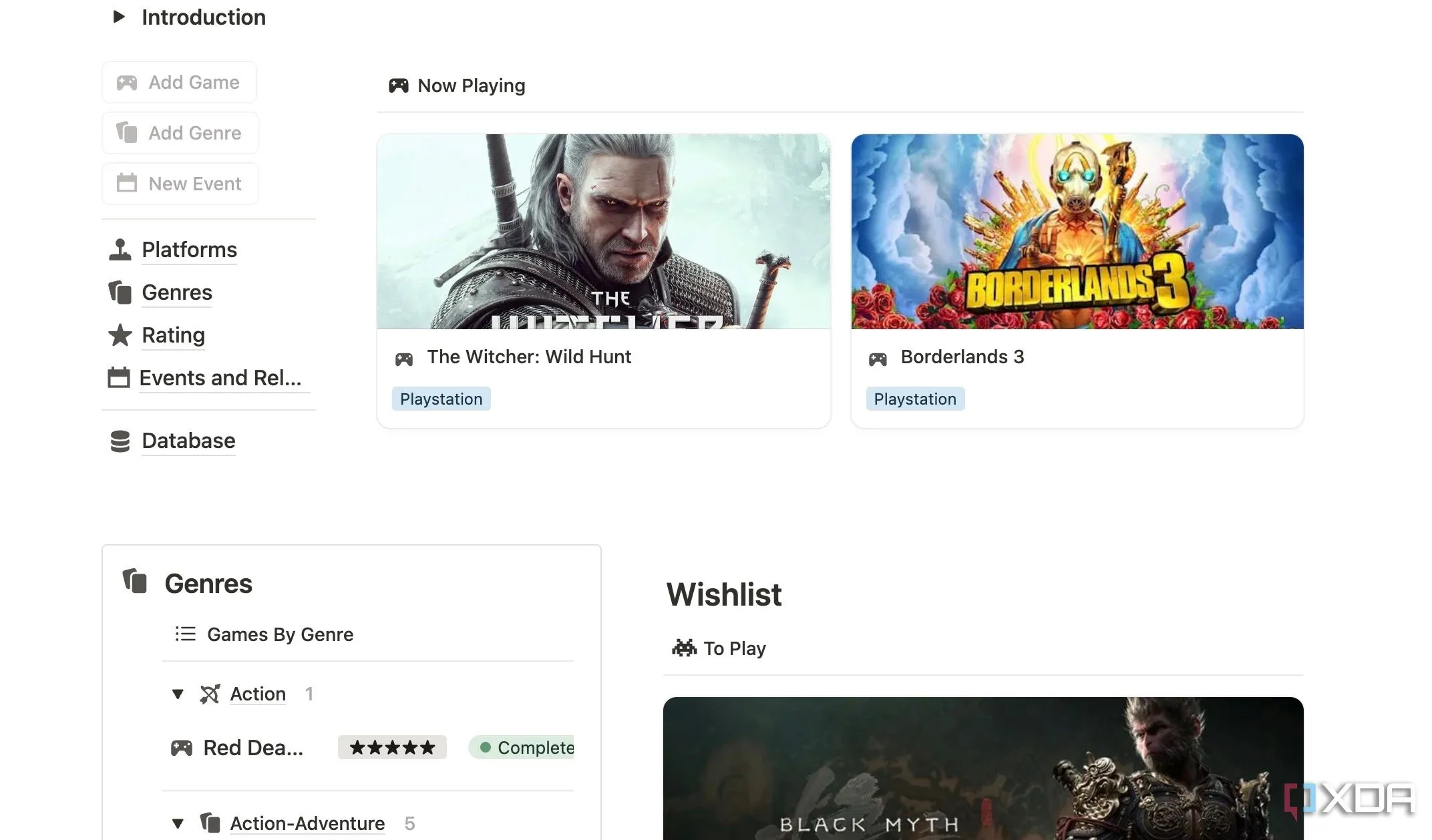Thư viện trò chơi điện tử cá nhân trong Notion hiển thị danh sách các game và trạng thái chơi