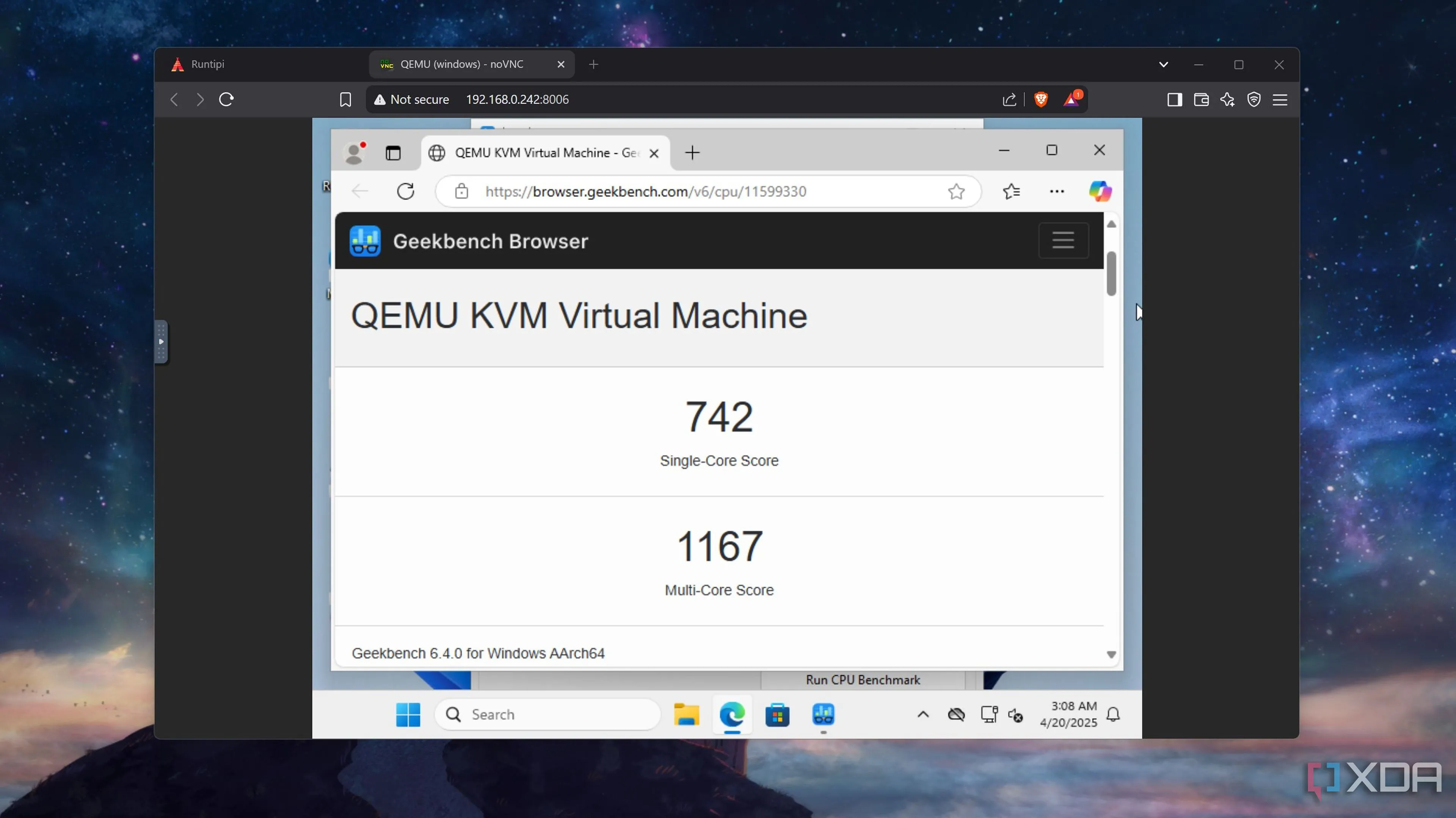 Thực hiện bài kiểm tra hiệu năng Geekbench 6 trên Windows 11 chạy trong container Runtipi trên Raspberry Pi 5