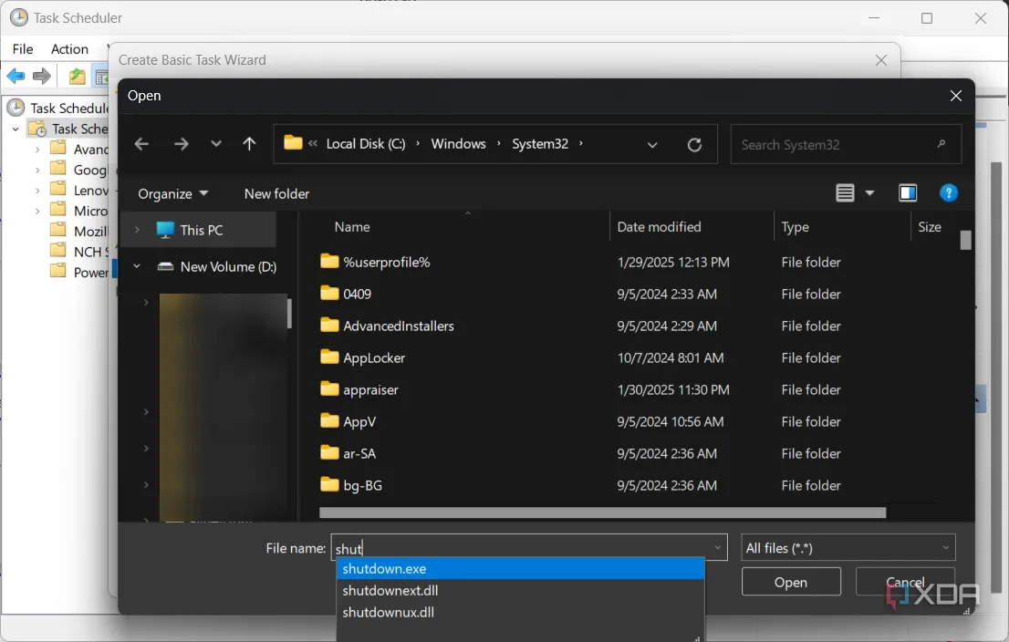 Tìm và chọn file 'Shutdown.exe' để thực hiện lệnh tắt máy tự động
