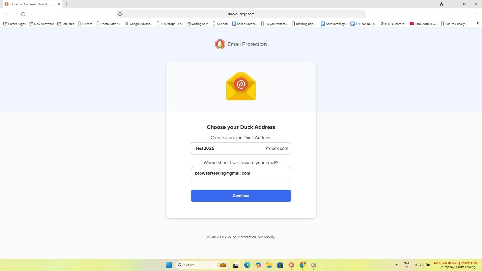 Tính năng bảo vệ email tích hợp của trình duyệt DuckDuckGo