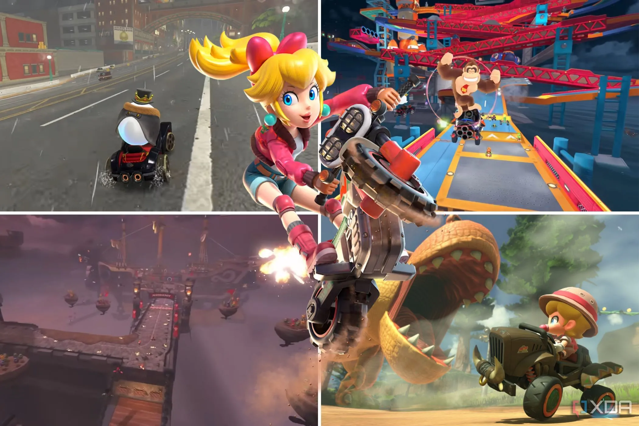 Tổ hợp các đường đua Mario Kart World với công chúa Peach ở phía trước, một game đua xe nổi tiếng.