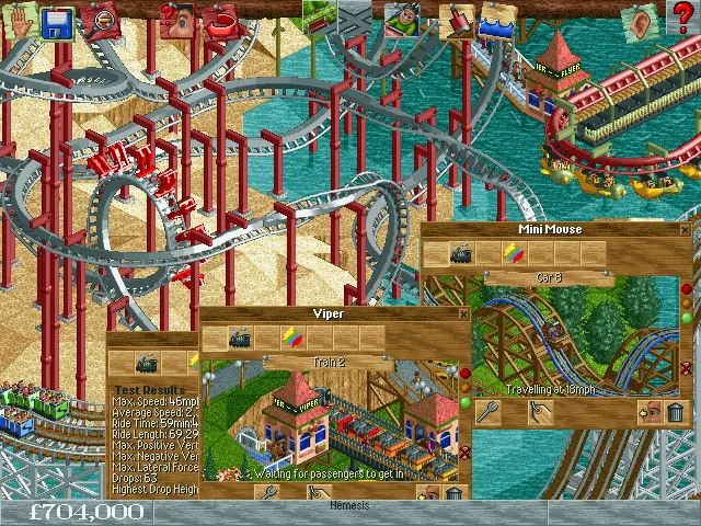 Toàn cảnh công viên RollerCoaster Tycoon với nhiều loại hình giải trí và những vị khách đang vui chơi, minh họa khả năng quản lý rộng lớn của game.