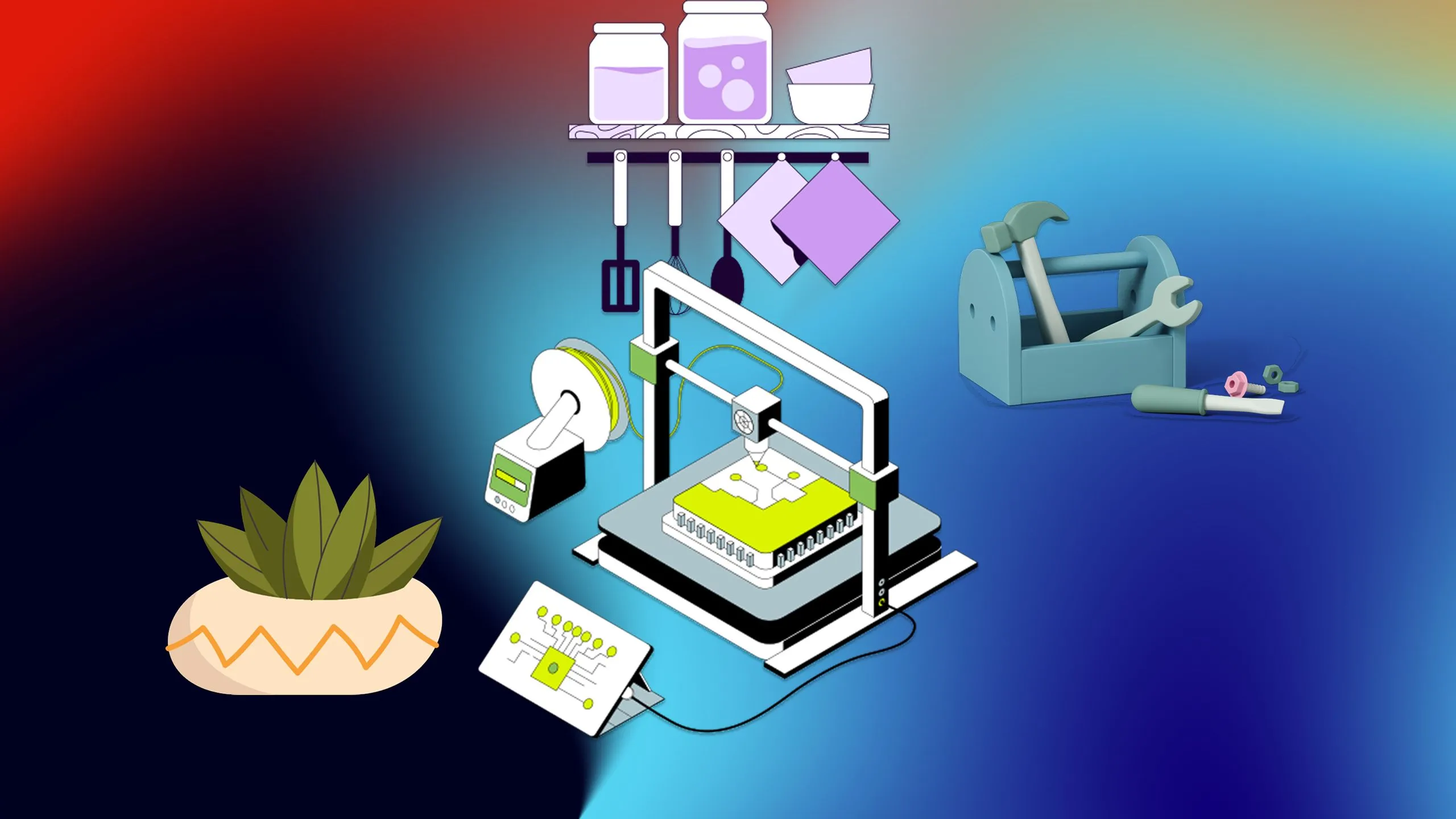 Tổng hợp các phụ kiện nhà thông minh in 3D đa dạng, từ giá treo loa đến kẹp cáp, minh họa cho các ý tưởng tiện ích.