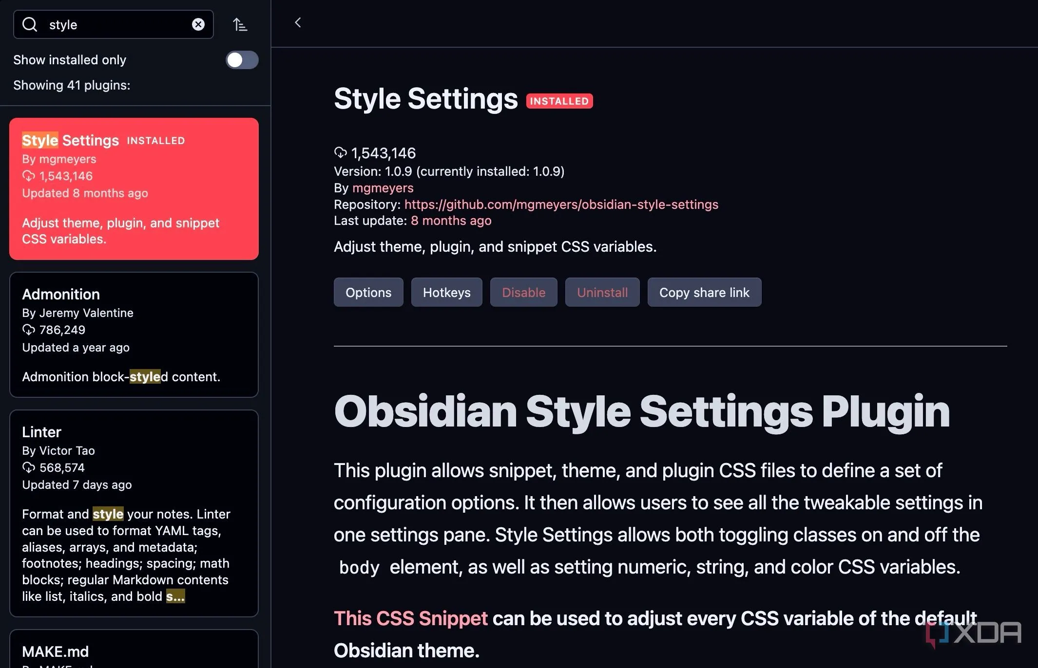 Trang cài đặt của Style Settings plugin trong Obsidian