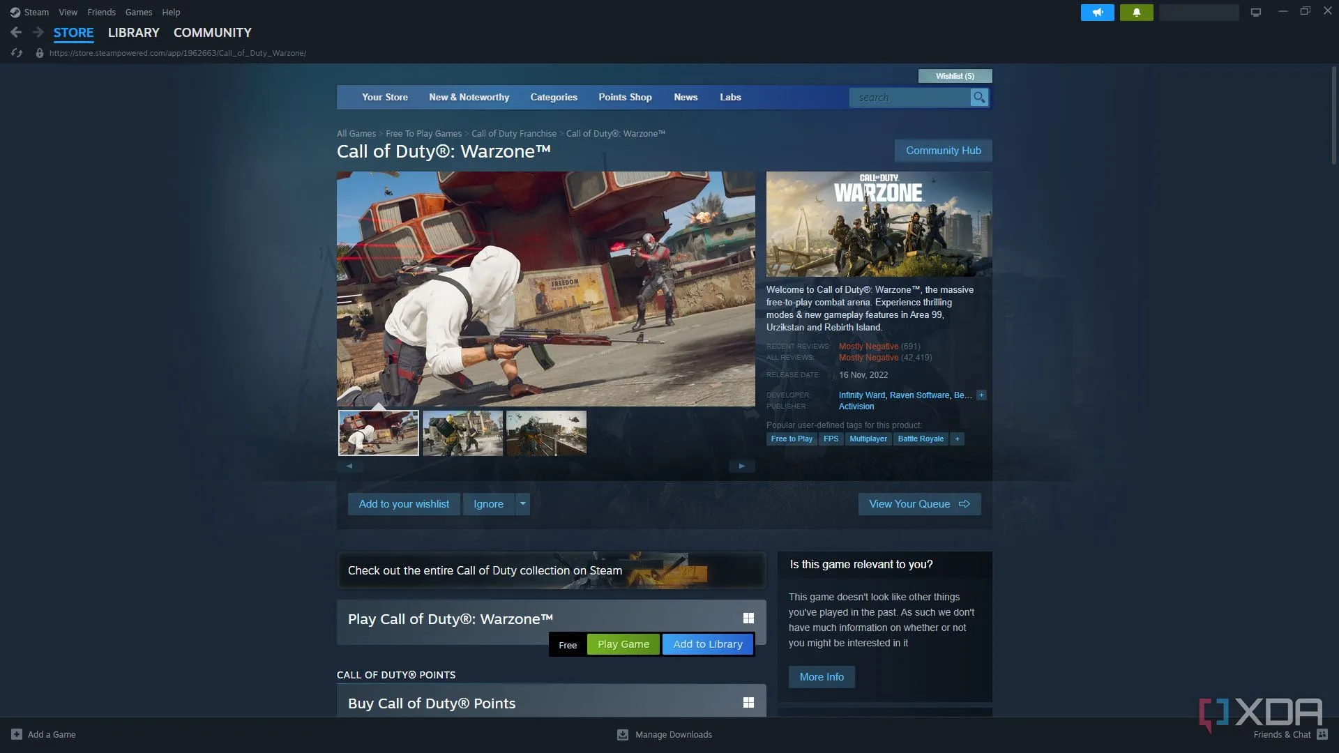 Trang game Call of Duty: Warzone trên Steam, thể hiện game AAA dung lượng lớn cần tính năng sao lưu hiệu quả.