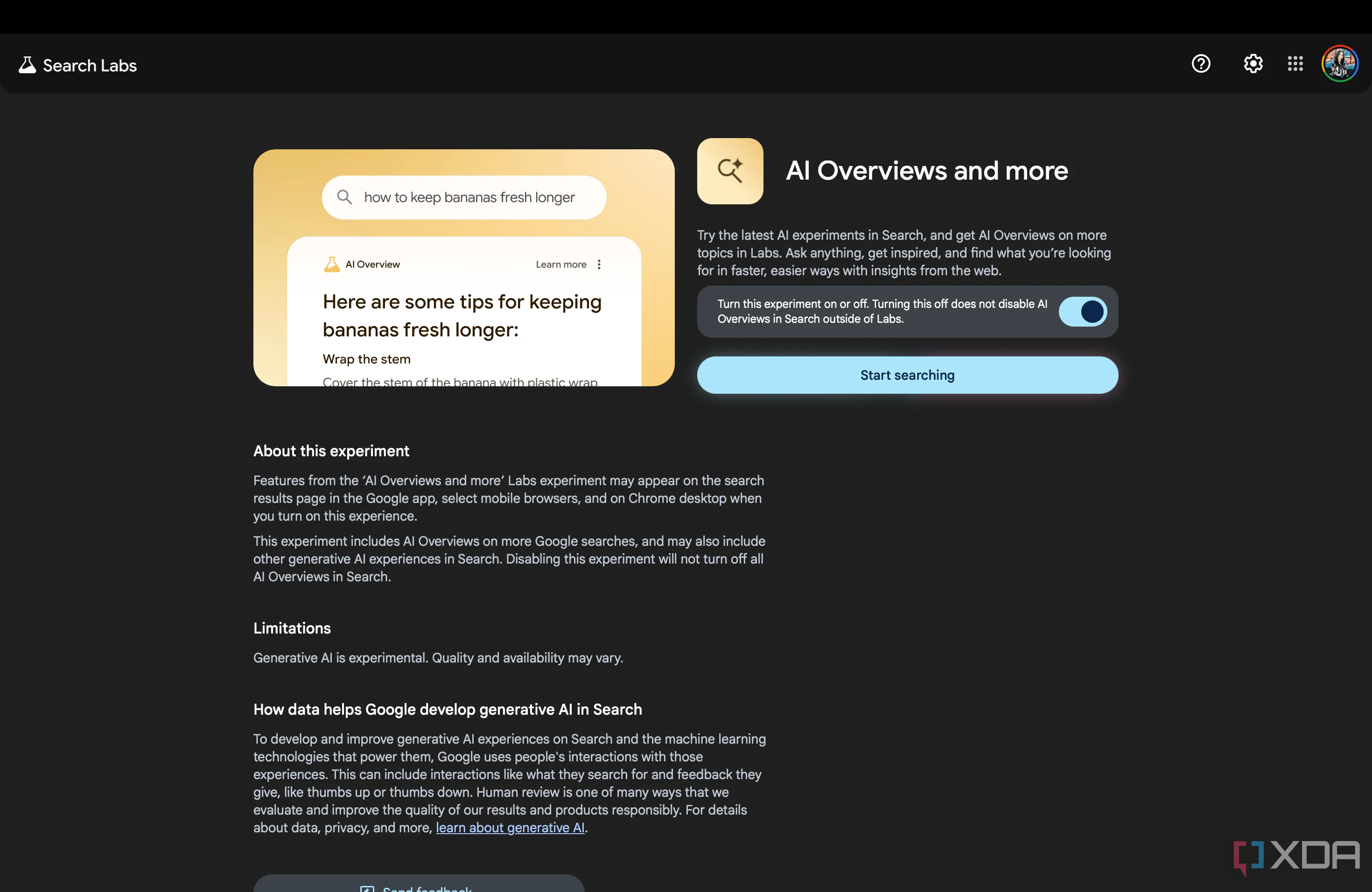Trang Google Labs nơi người dùng có thể kích hoạt các thử nghiệm AI, bao gồm Audio Overviews.