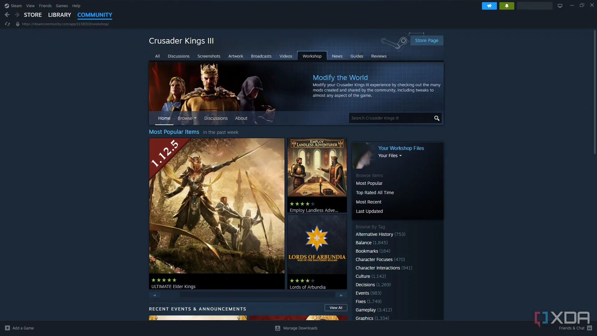 Trang Steam Workshop của game Crusader Kings 3, minh họa khả năng modding tiện lợi trên Steam.
