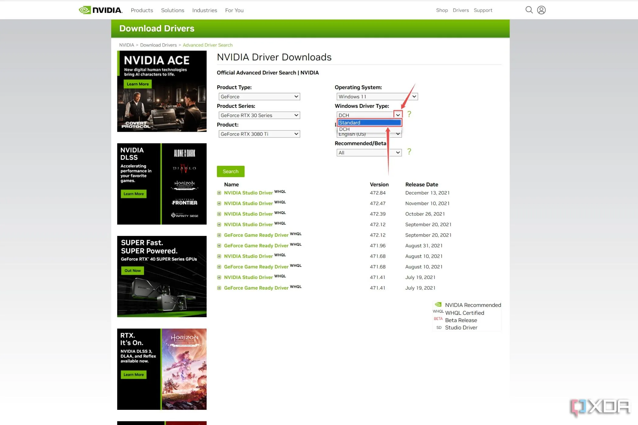 Trang tải driver của Nvidia, với tùy chọn driver tiêu chuẩn được tô sáng để cập nhật card đồ họa
