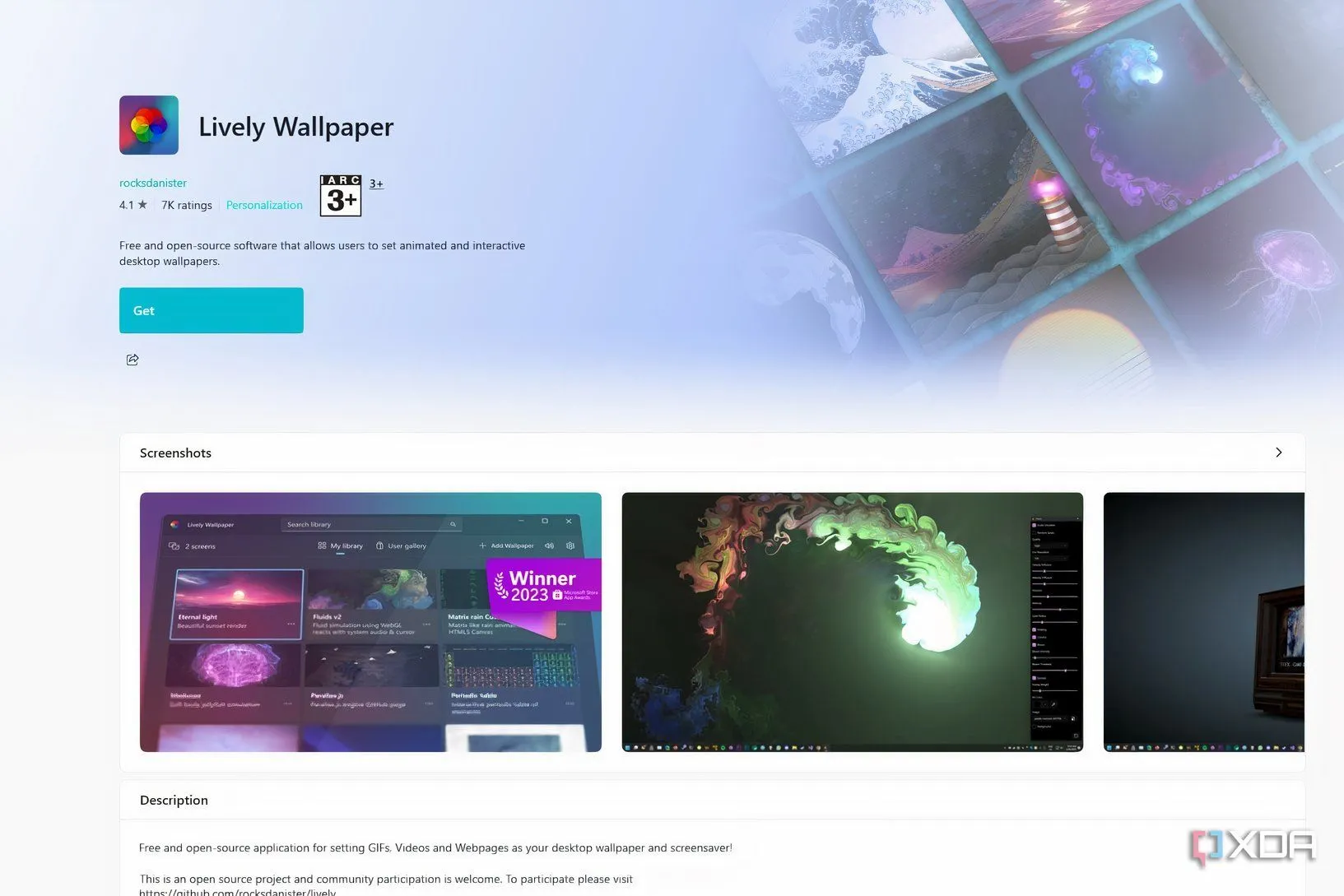 Trang tải Lively Wallpaper trên Microsoft Store, thể hiện tính miễn phí