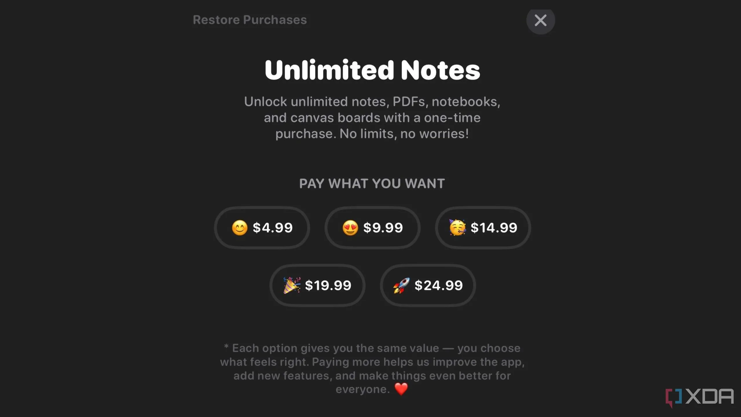 Trang tùy chọn thanh toán 'Pay What You Want' của Notedrafts Unlimited Notes với các mức giá khác nhau