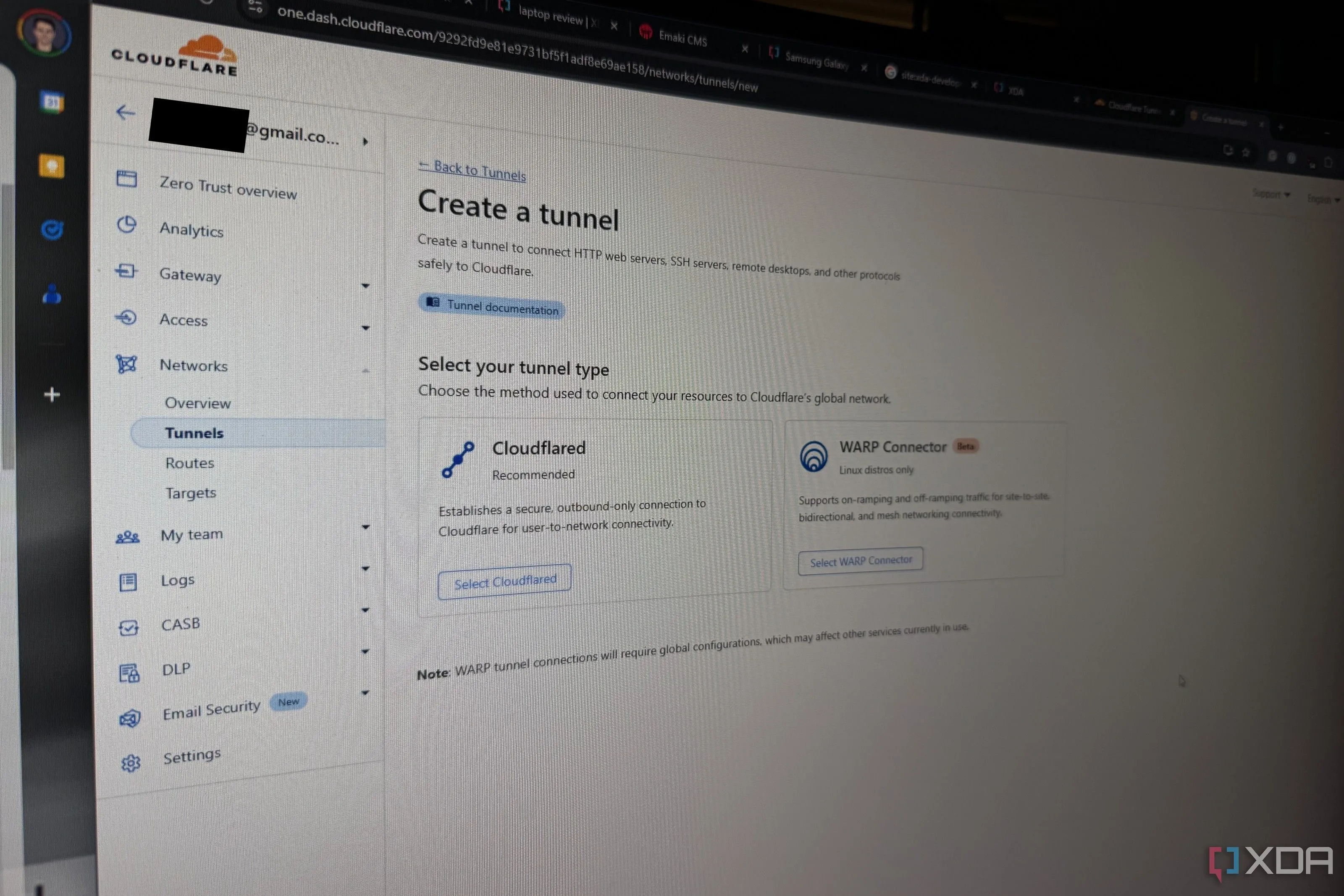Trang web Cloudflare với giao diện thêm một tunnel đang được thiết lập