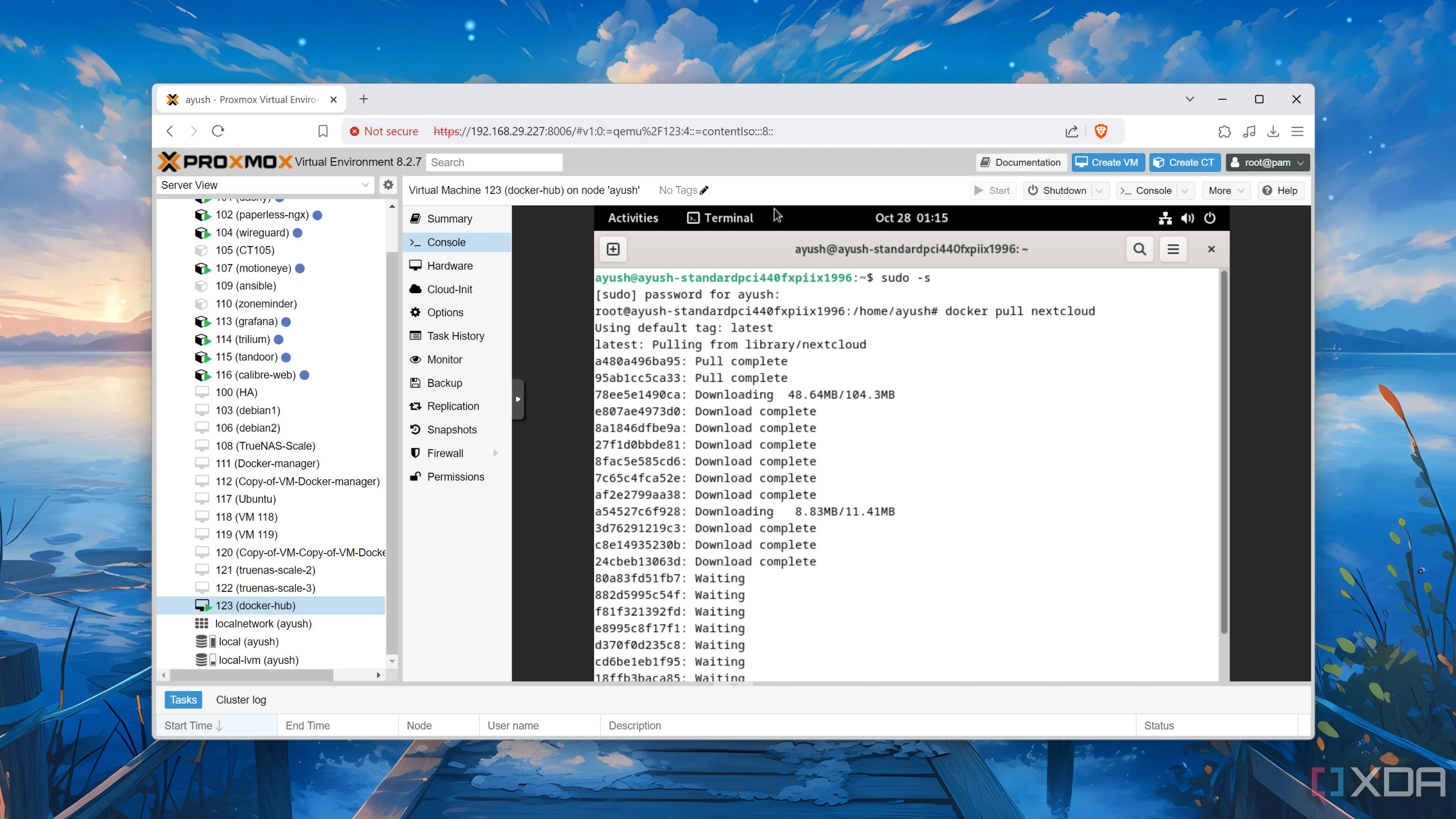 Triển khai container Nextcloud bằng Docker trên máy ảo Proxmox, minh họa sự kết hợp giữa Docker và môi trường ảo hóa home lab