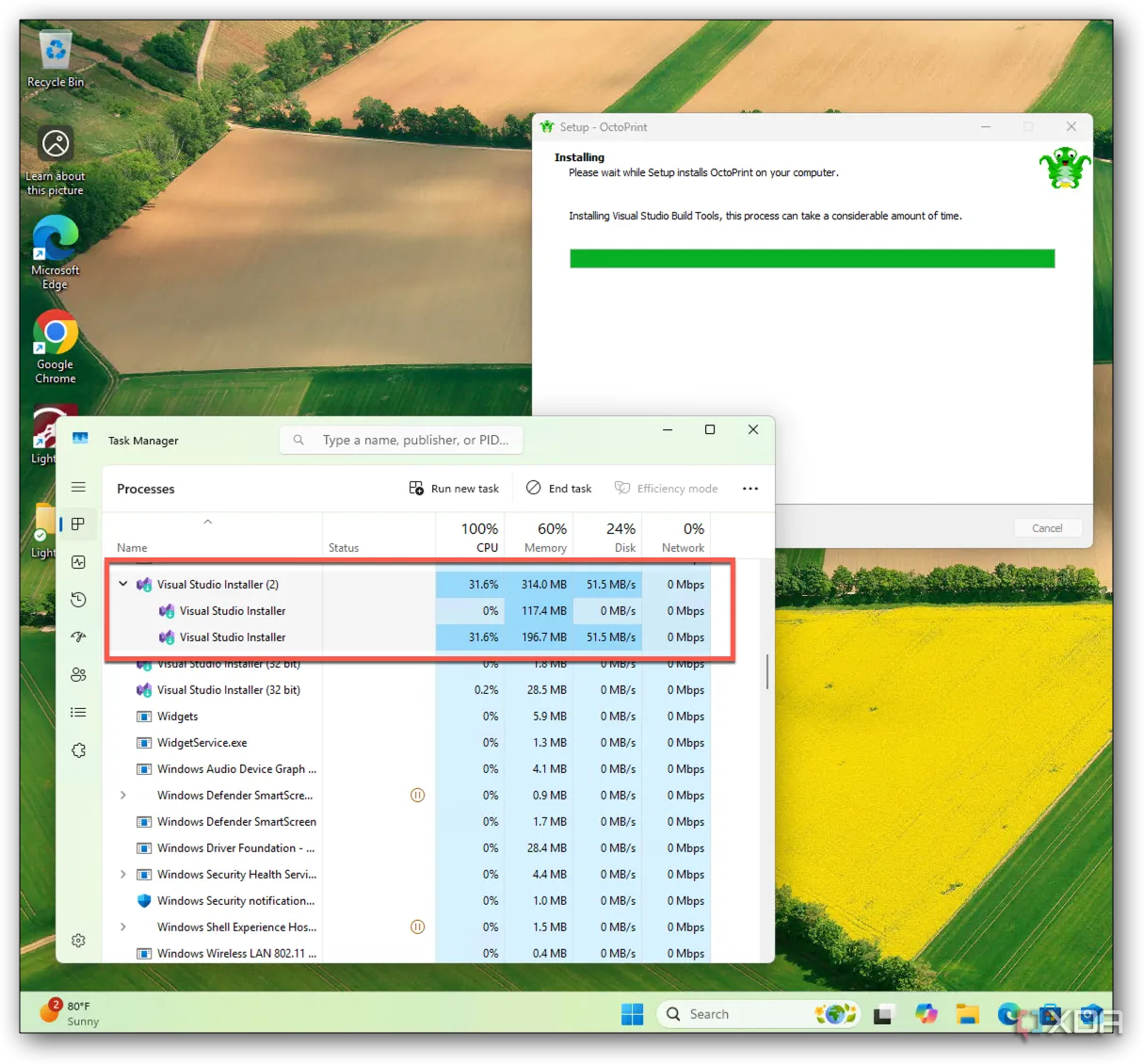 Trình cài đặt OctoPrint hiển thị đang tải xuống phụ thuộc Visual Studio Build Tools