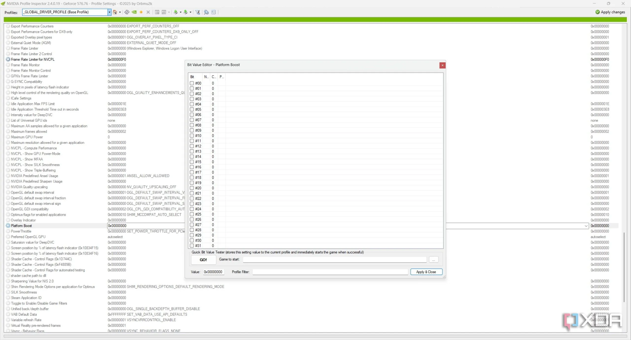 Trình chỉnh sửa Bit trong Nvidia Profile Inspector