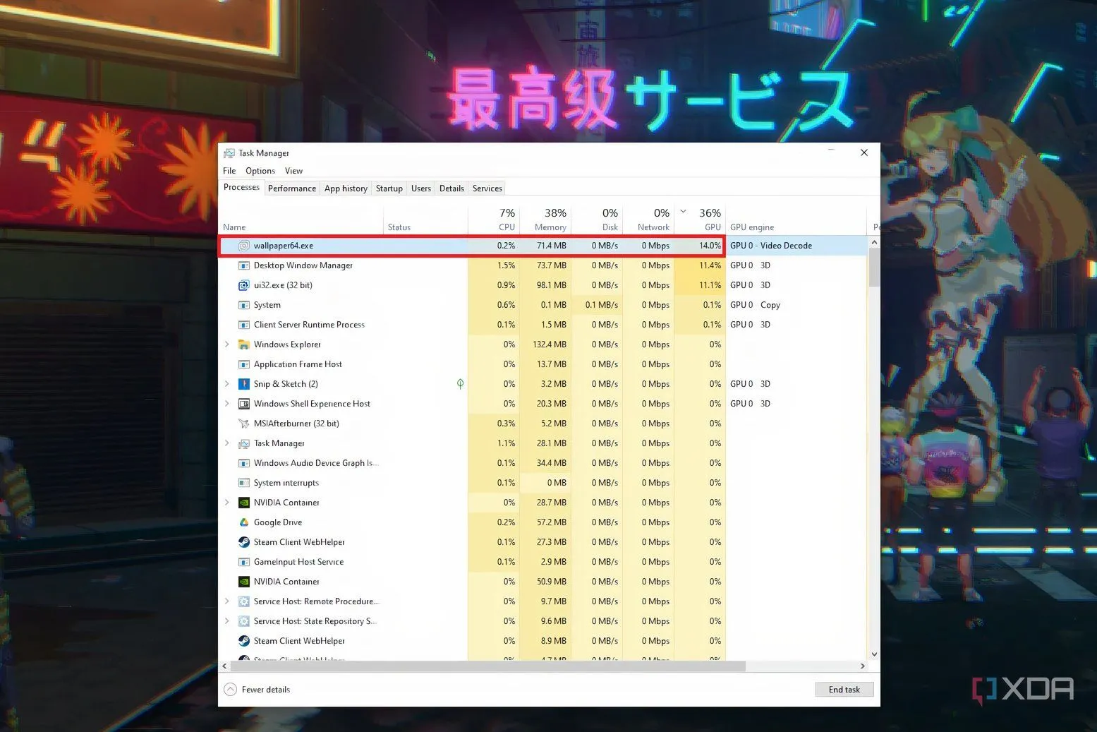 Trình quản lý tác vụ hiển thị mức sử dụng GPU cao của Wallpaper Engine