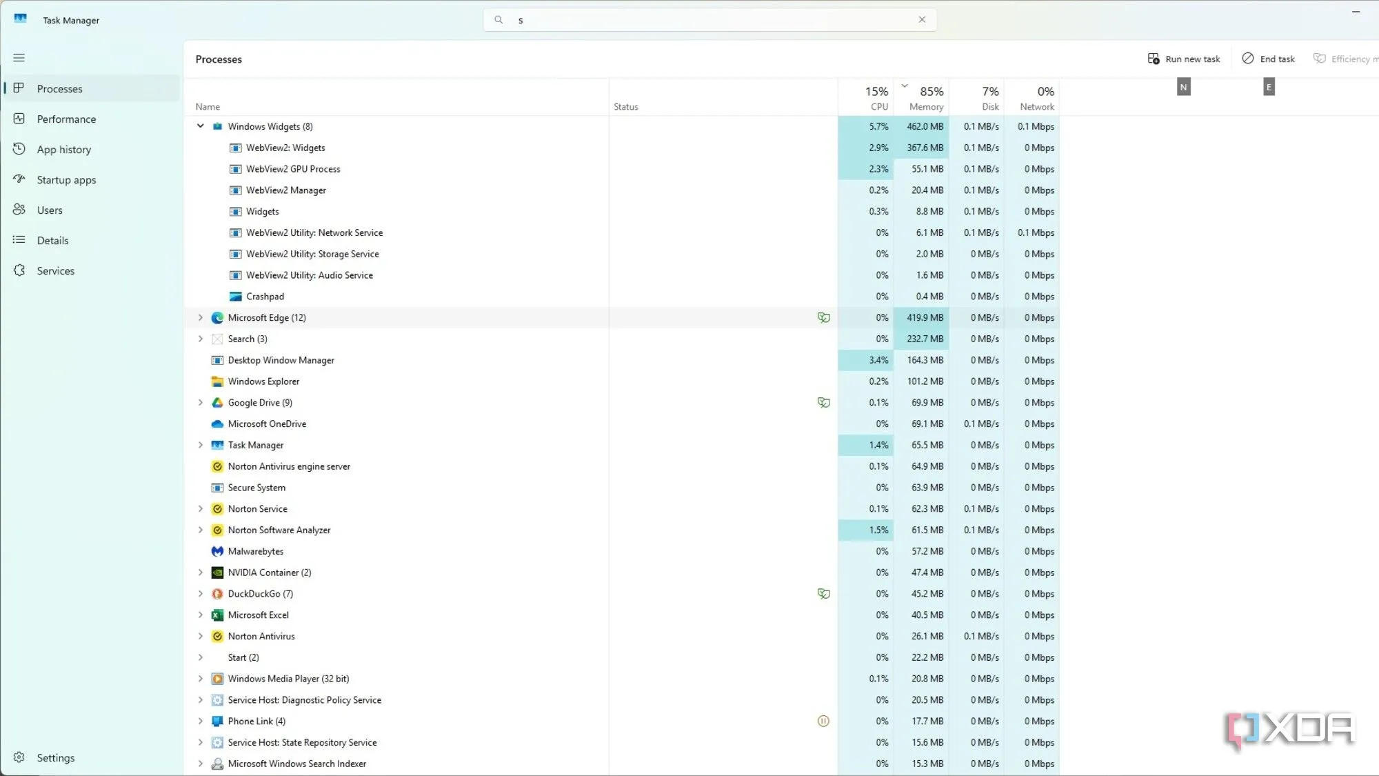 Trình quản lý tác vụ hiển thị Widgets trên Windows 11