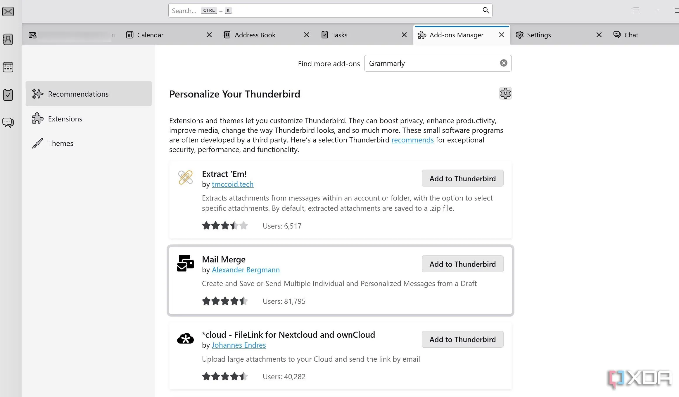 Trình quản lý tiện ích mở rộng (add-ons) của Thunderbird cho phép mở rộng chức năng