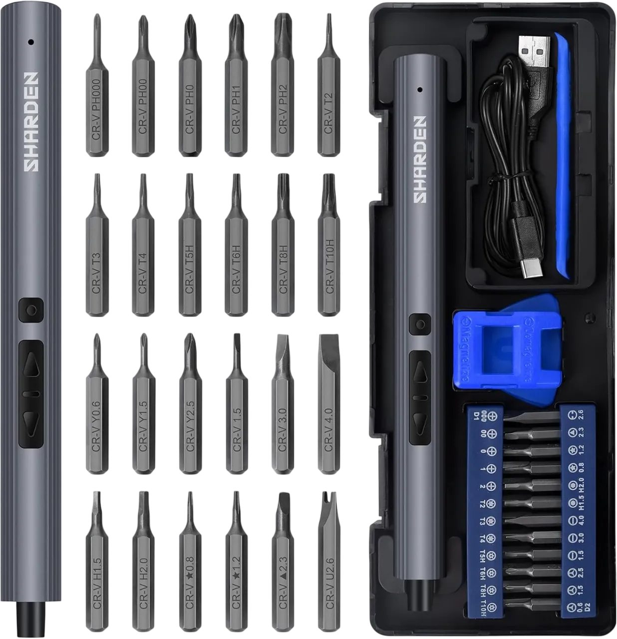 Tua vít điện mini SHARDEN với các mũi vít và phụ kiện đi kèm
